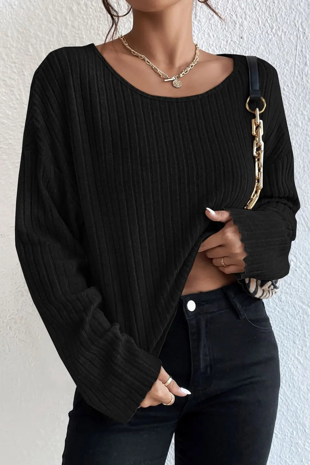 Ribbed Round Neck Drop Shoulder Long Sleeve Top – Trendsi | ClozArt
