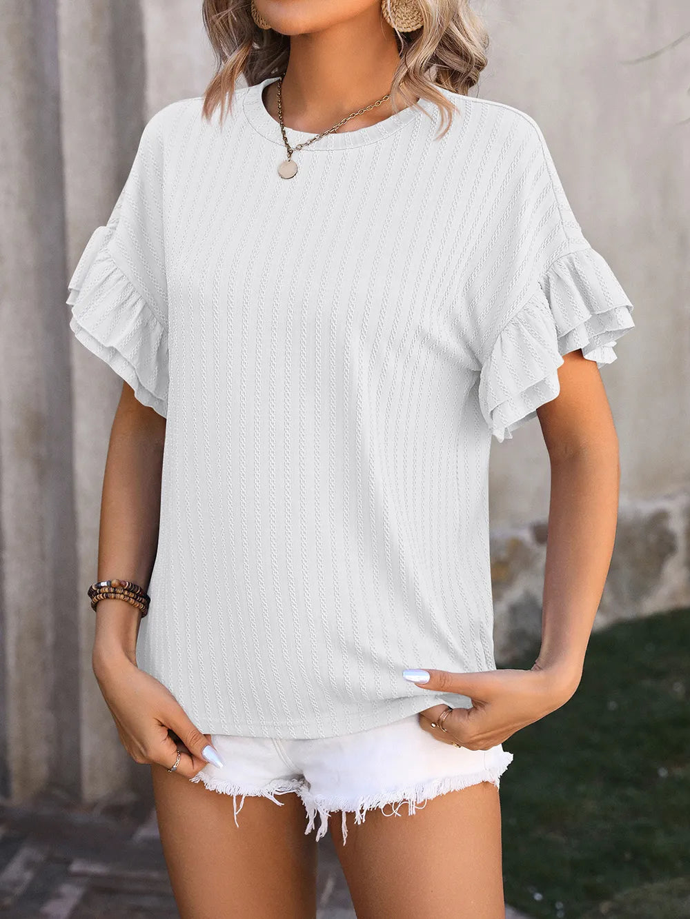 Ruffled Round Neck Short Sleeve Top – Trendsi | ClozArt