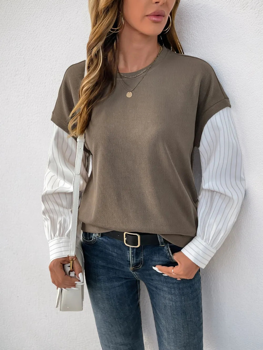 Perfee Round Neck Striped Sleeve Sweatshirt – Trendsi | ClozArt