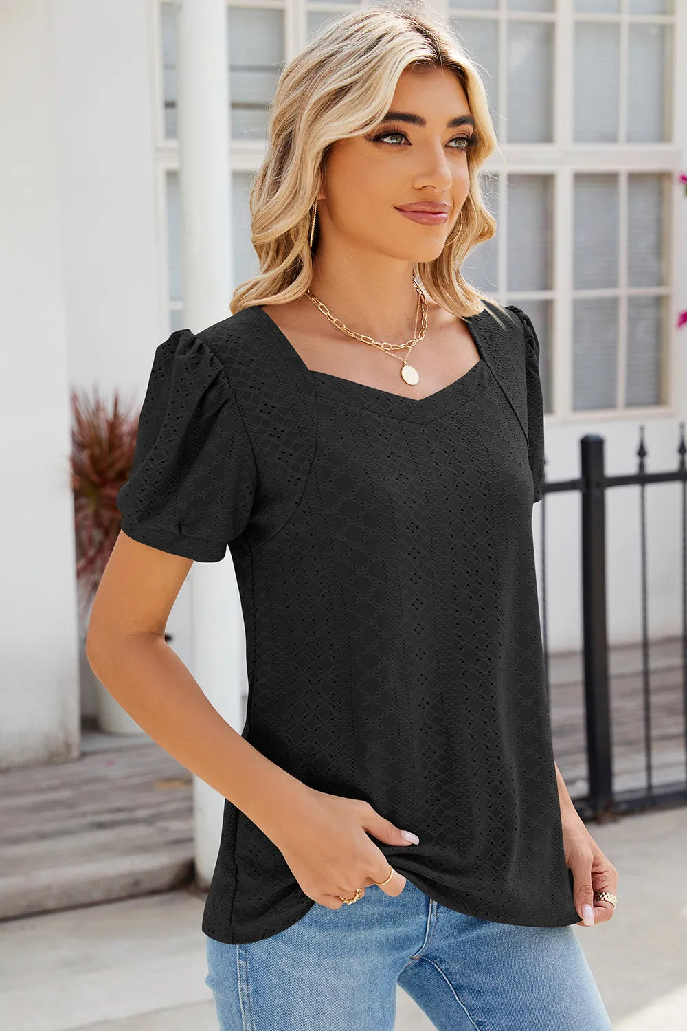 Eyelet Puff Sleeve T-Shirt – Trendsi | ClozArt