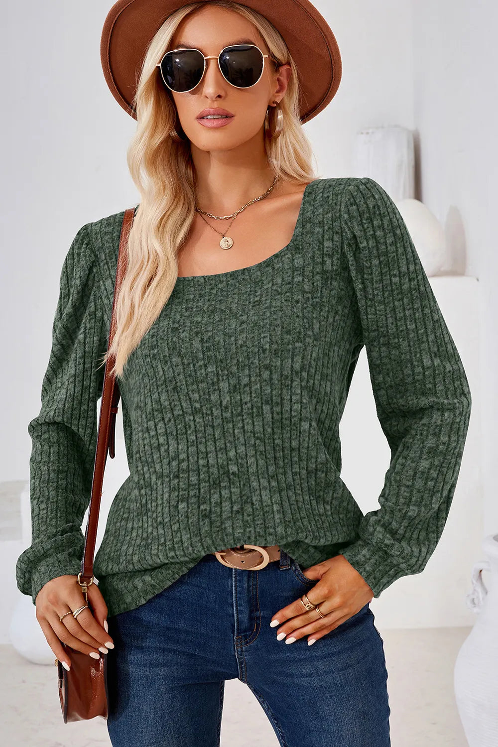 Ribbed Square Neck Long Sleeve T-Shirt – Trendsi | ClozArt