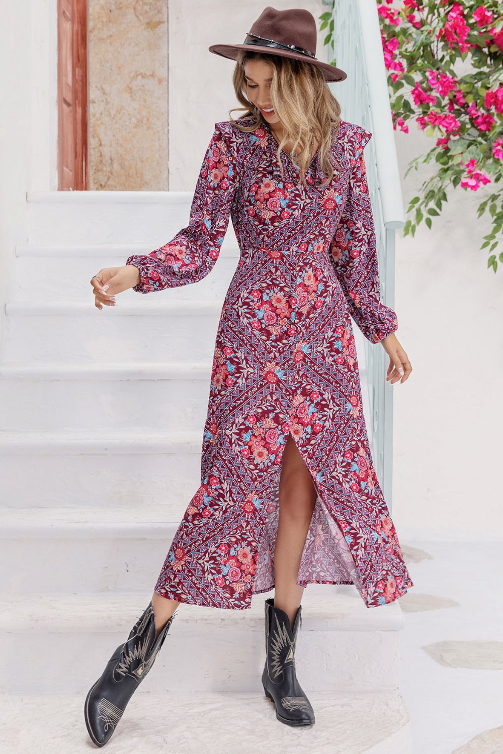 Printed Long Sleeve Slit Midi Dress – Trendsi | ClozArt