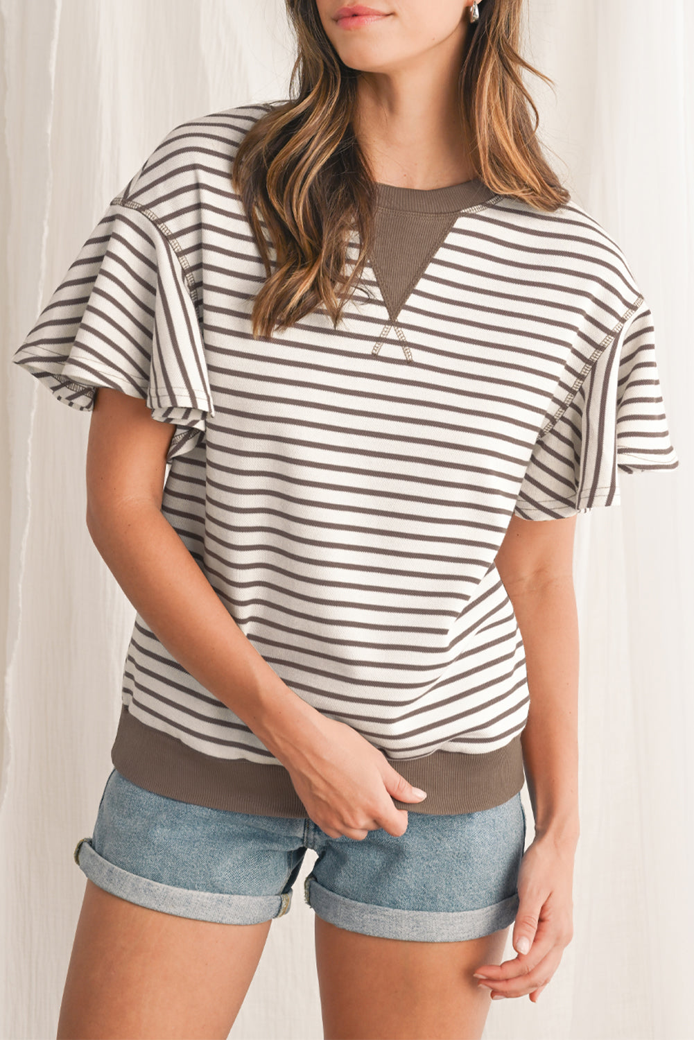 Sachet Pink Striped Ruffle Sleeve Round Neck Top – Shewin | ClozArt