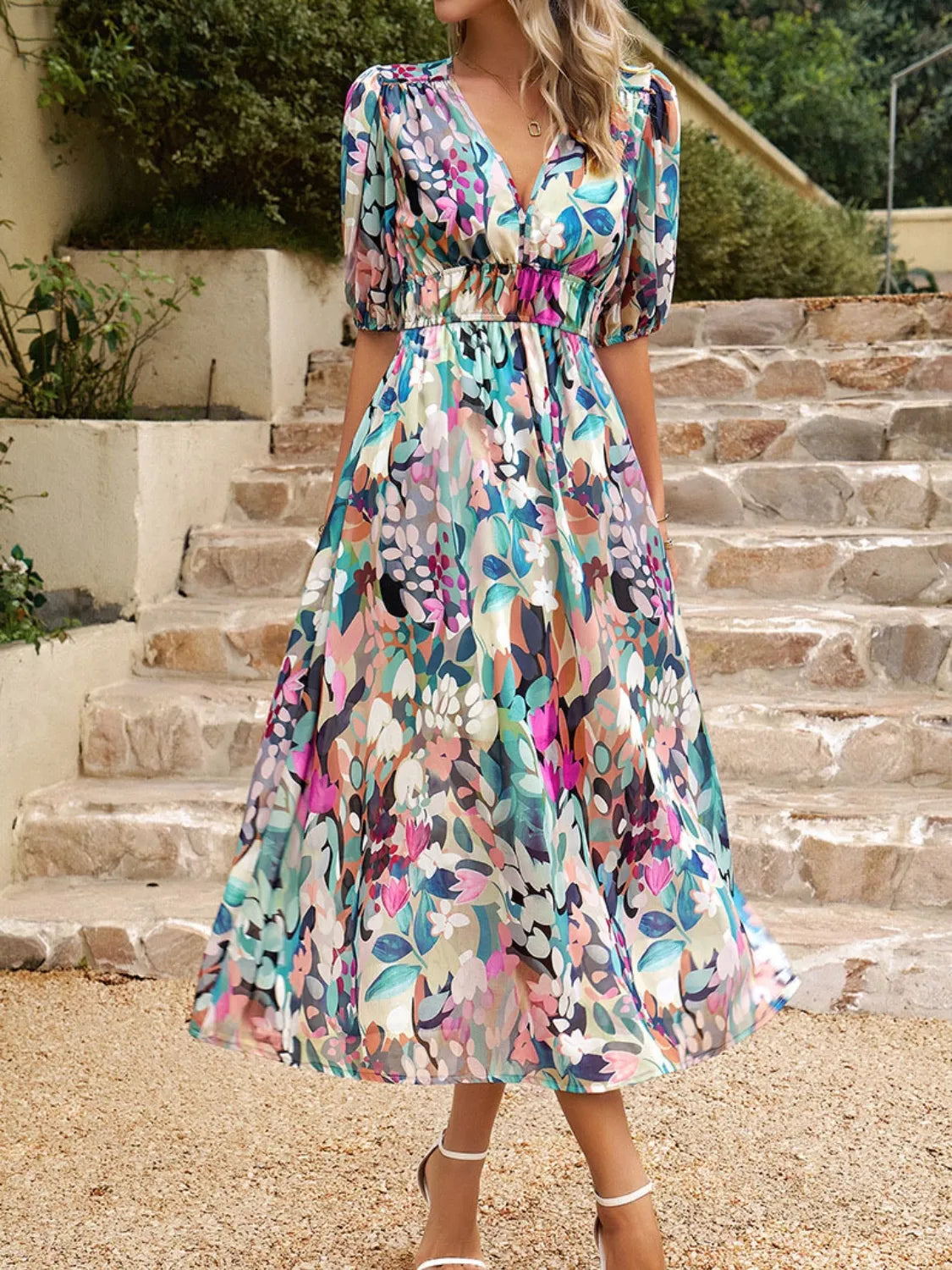 Printed Puff Sleeve Midi Dress – Trendsi | ClozArt