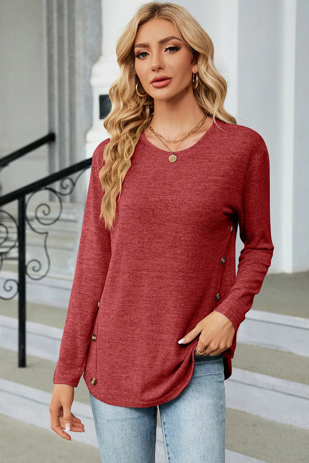 Decorative Button Round Neck T-Shirt – Trendsi | ClozArt