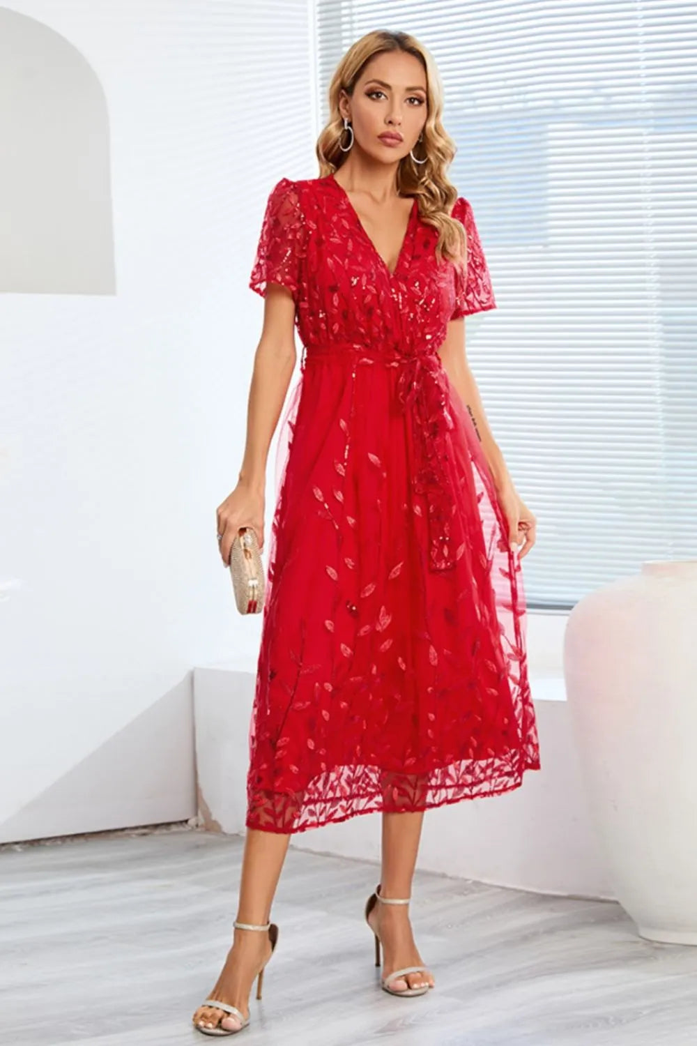 Sequin Leaf Embroidery Tie Front Short Sleeve Dress – Trendsi | ClozArt