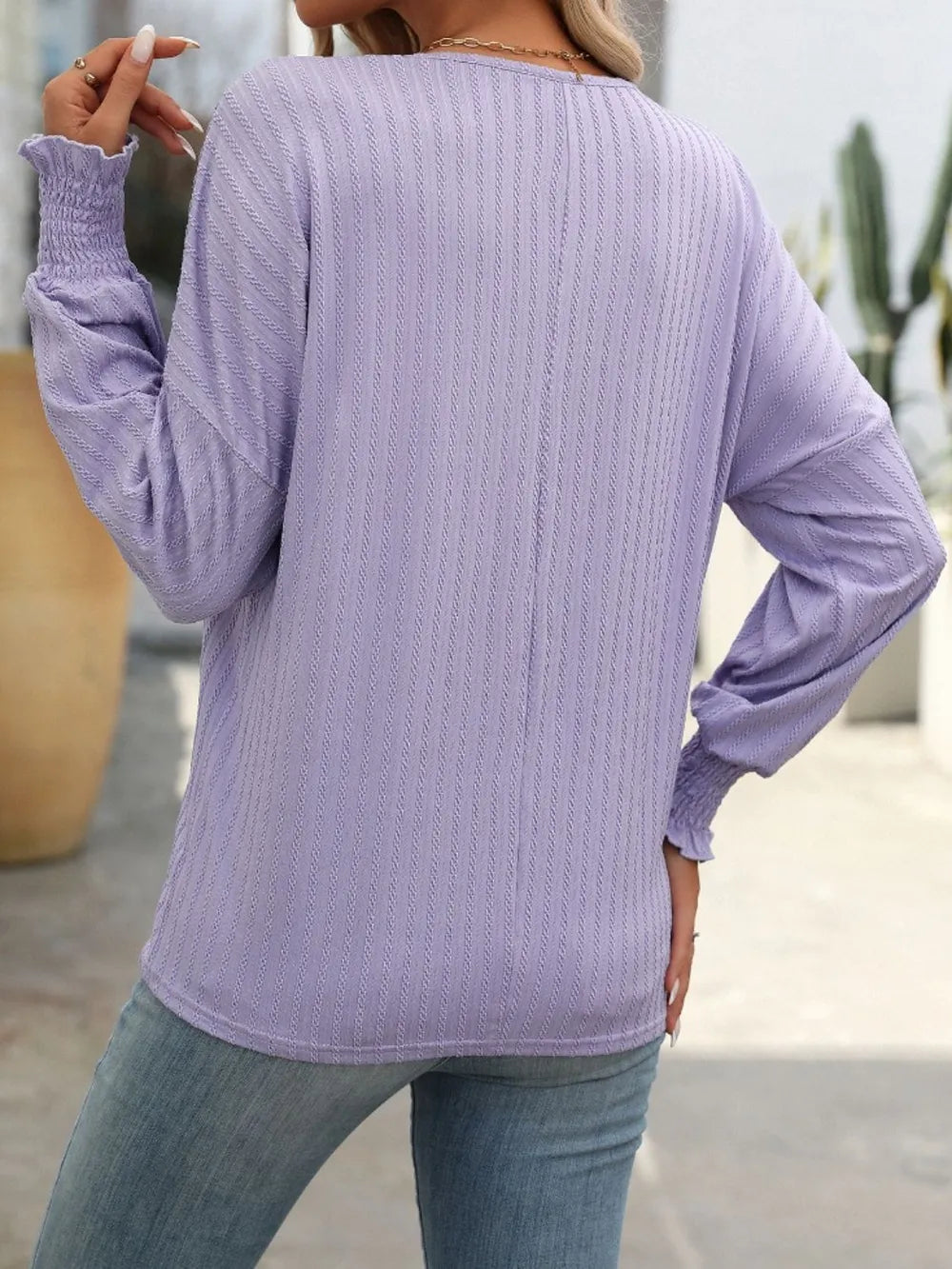 Mandy Textured Notched Lantern Sleeve T-Shirt – Trendsi | ClozArt
