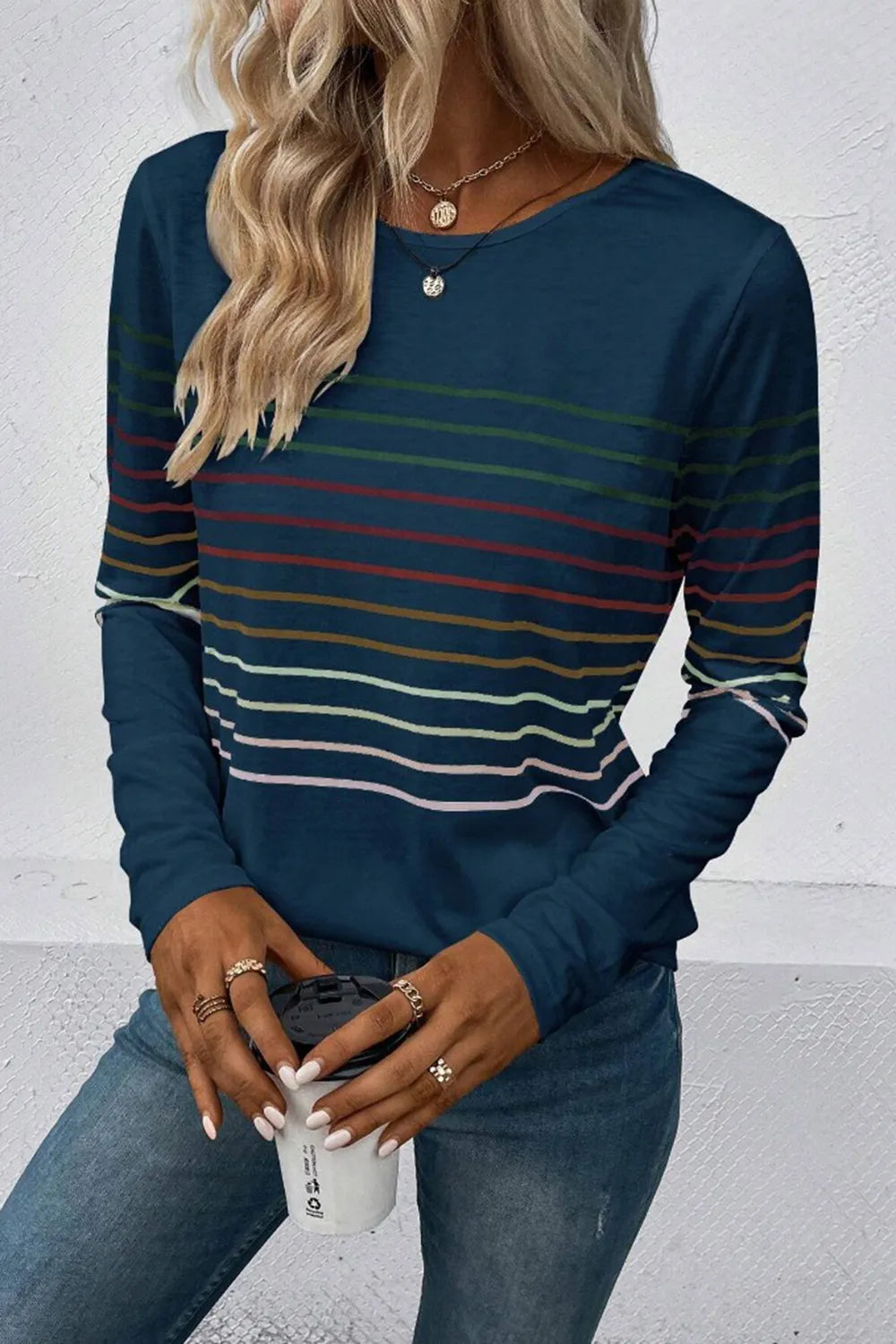 Striped Round Neck Long Sleeve T-Shirt – Trendsi | ClozArt