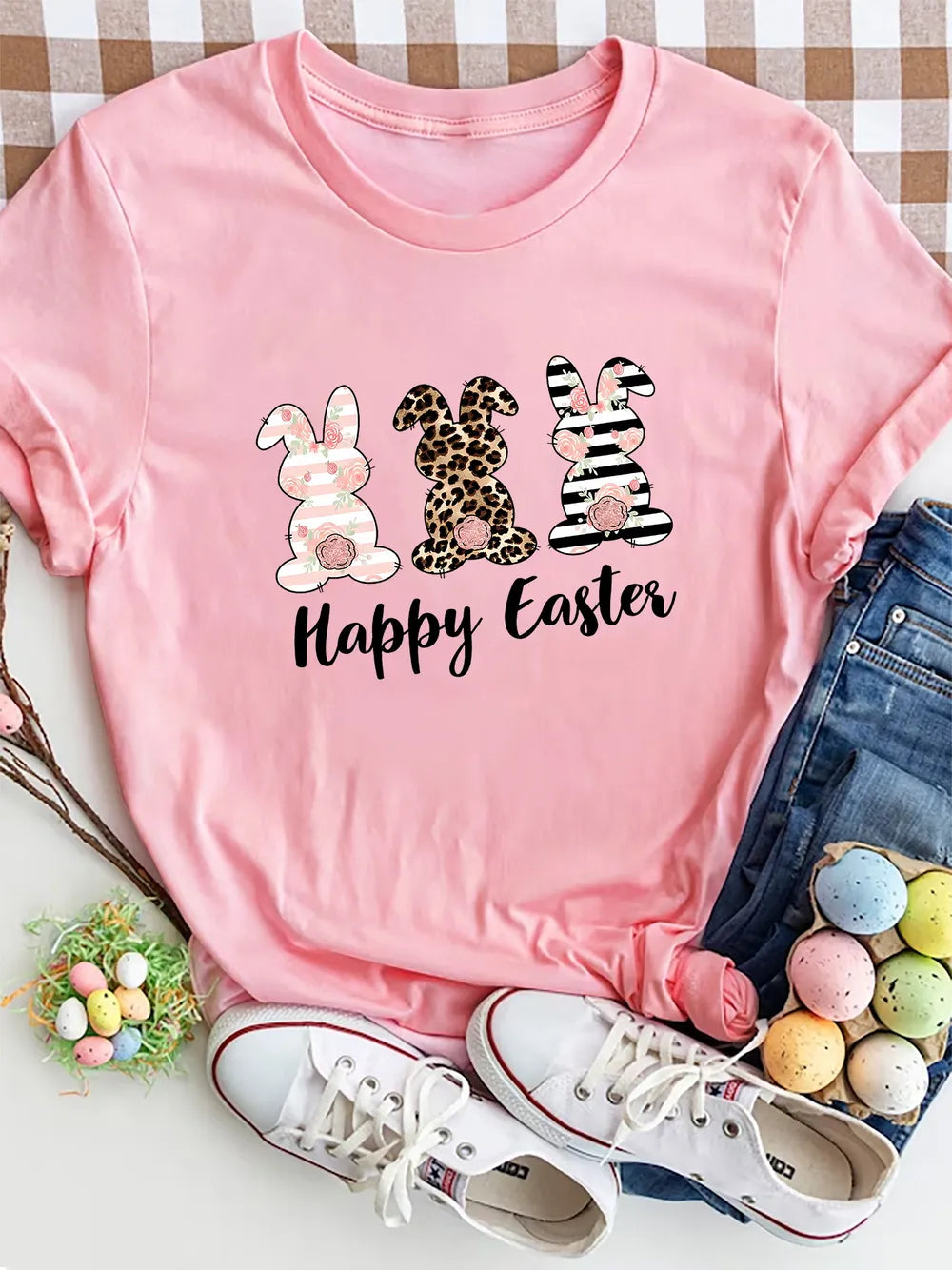 HAPPY EASTER Round Neck Short Sleeve T-Shirt – Trendsi | ClozArt