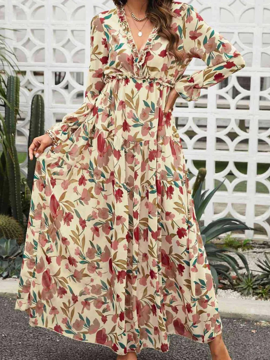 Frill Printed V-Neck Flounce Sleeve Dress – Trendsi | ClozArt