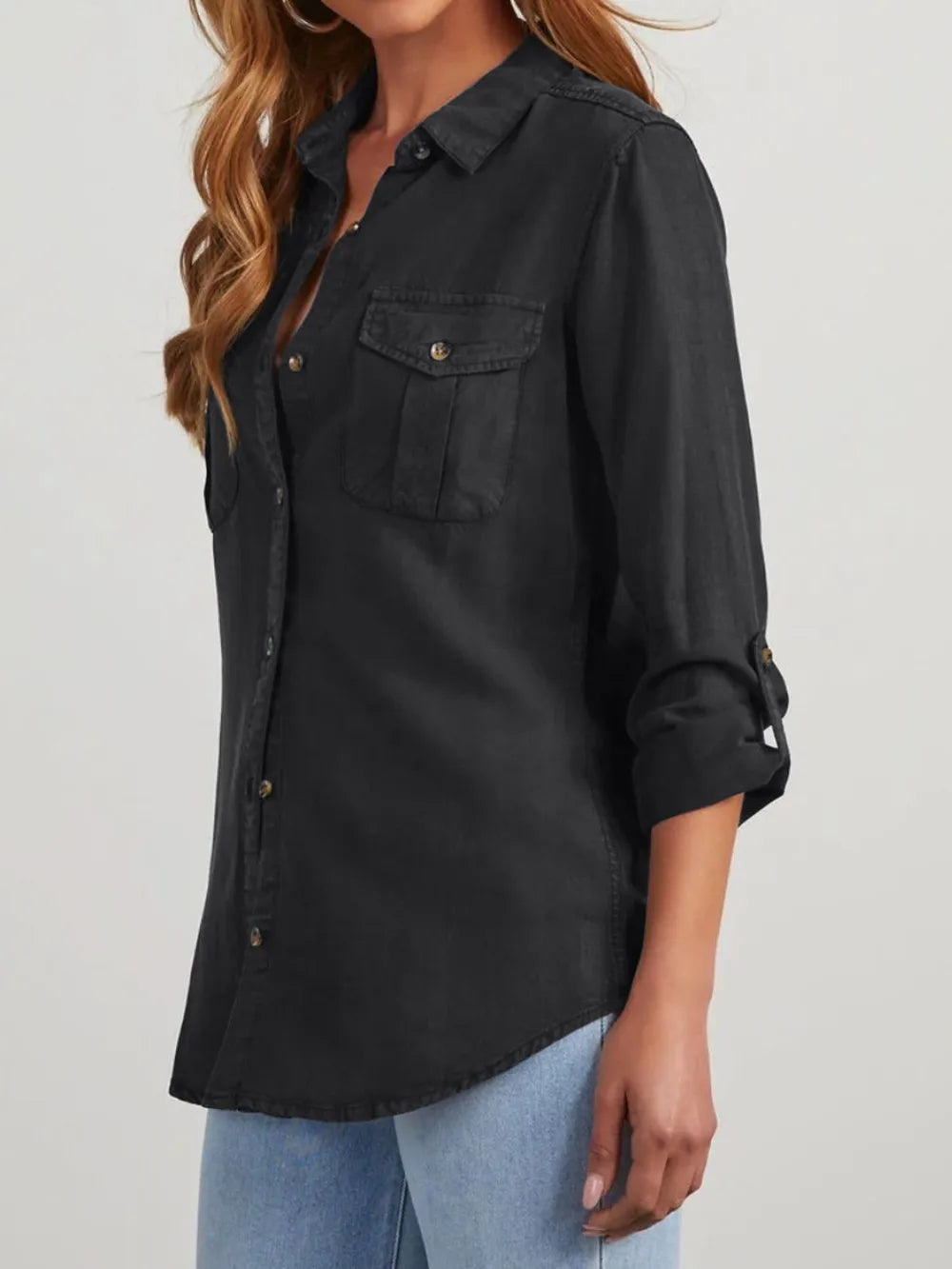 Collared Neck Roll-Tab Sleeve Denim Top – Trendsi | ClozArt