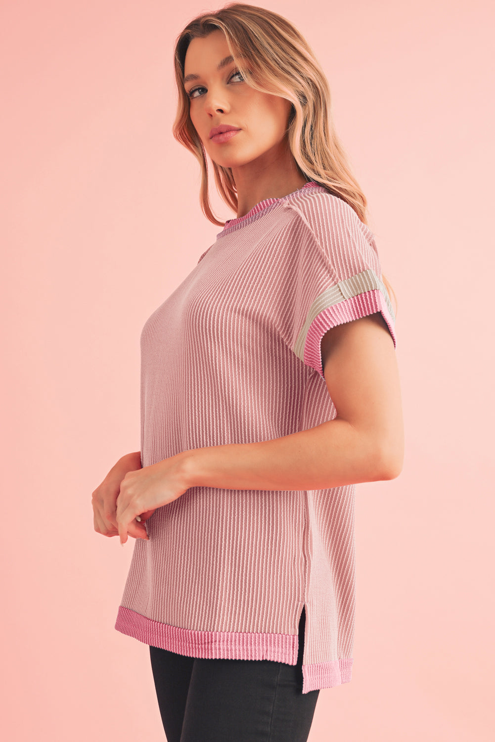 Bright Pink Textured Contrast Color Round Neck T Shirt – Shewin | ClozArt