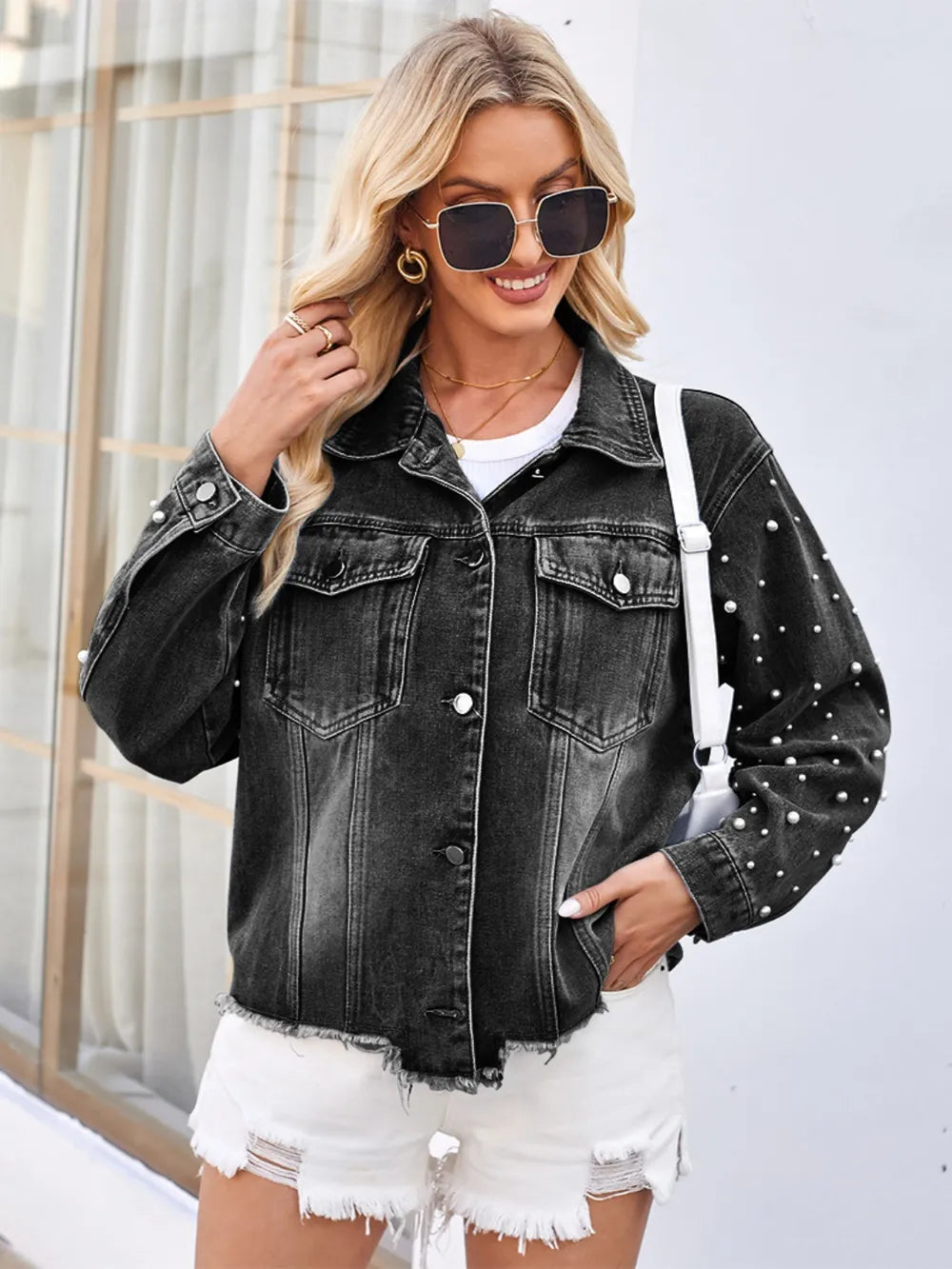 Pearl Trim Raw Hem Denim Jacket – Trendsi | ClozArt