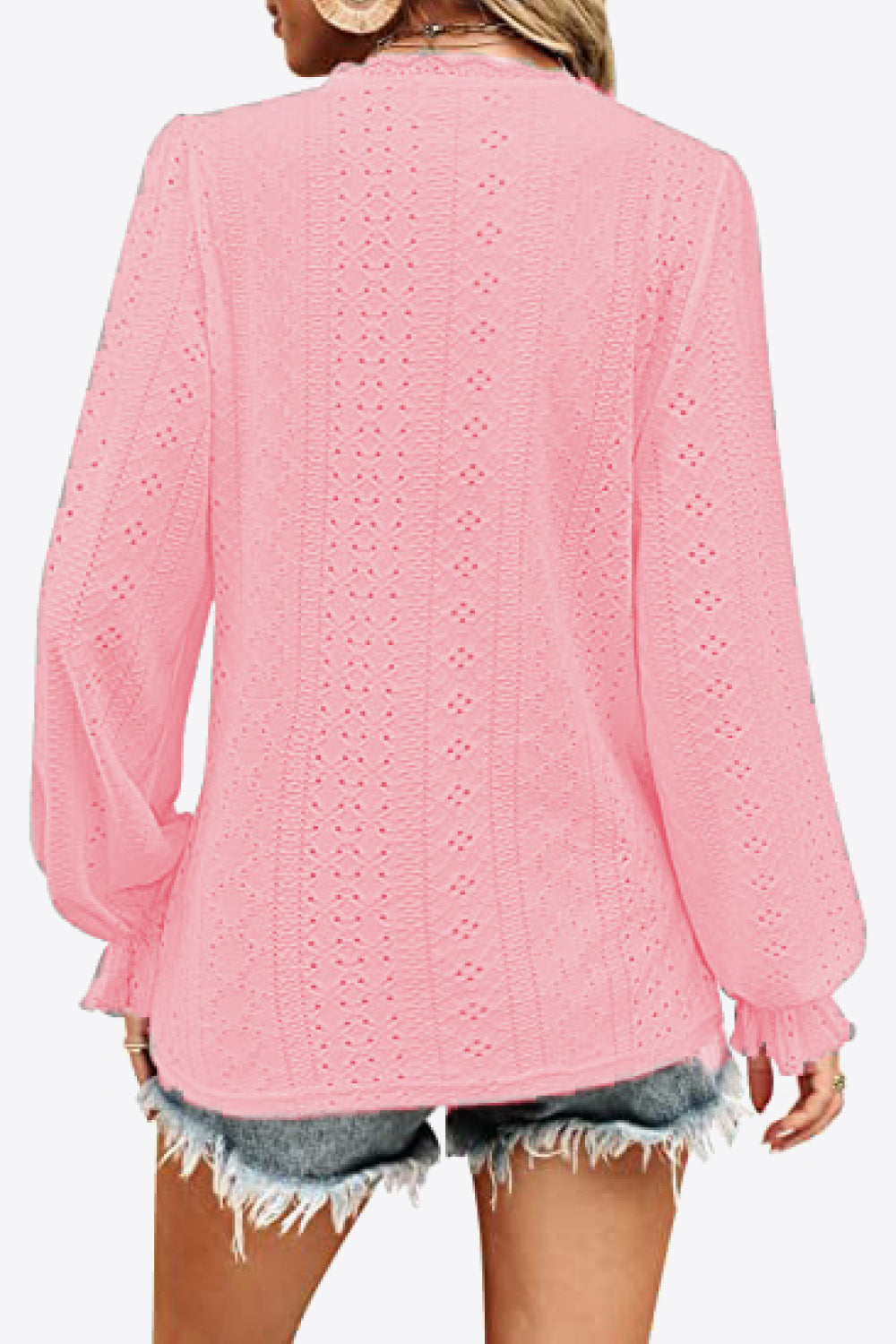 Eyelet V-Neck Flounce Sleeve Blouse – Trendsi | ClozArt