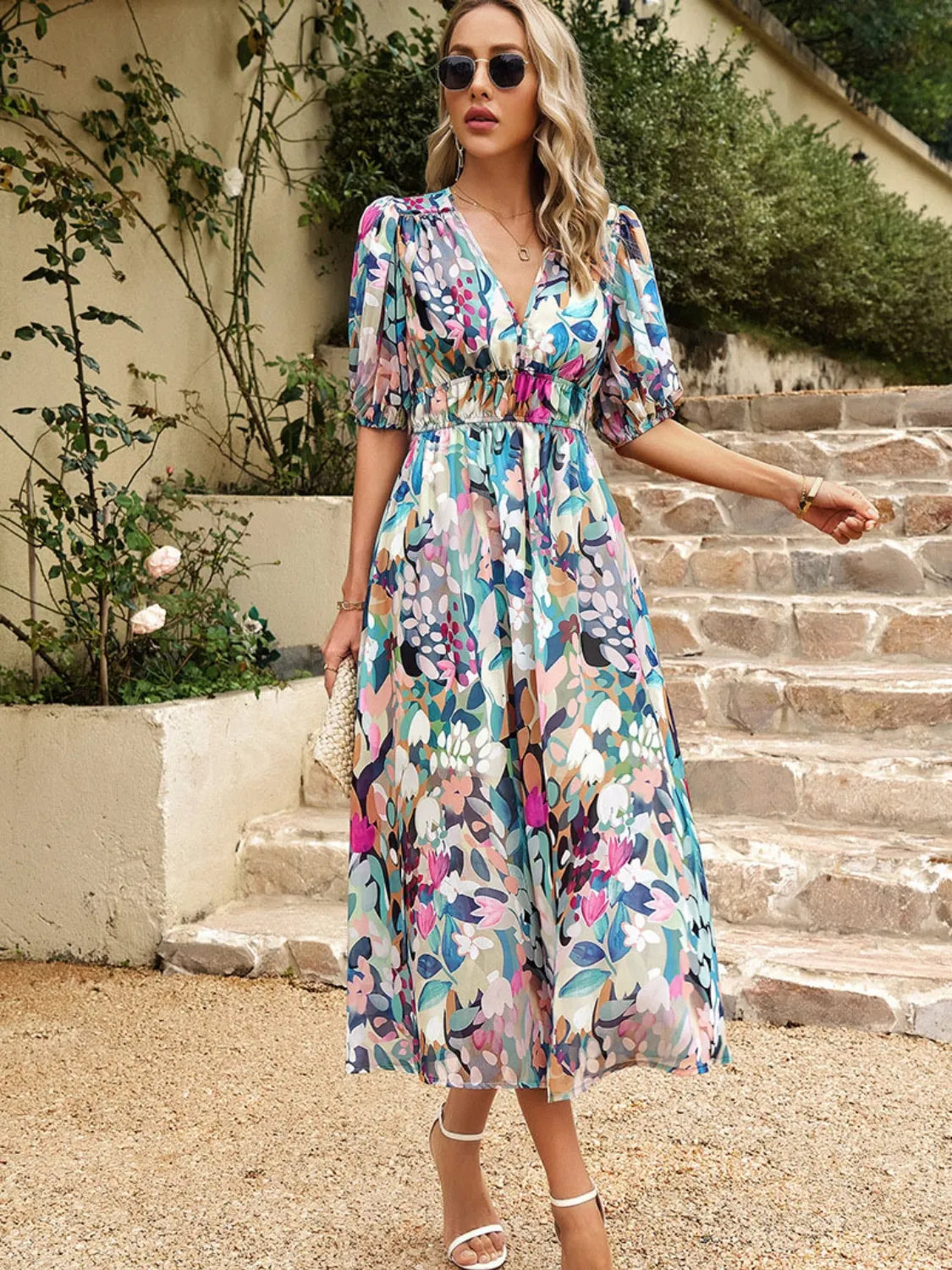 Printed Puff Sleeve Midi Dress – Trendsi | ClozArt