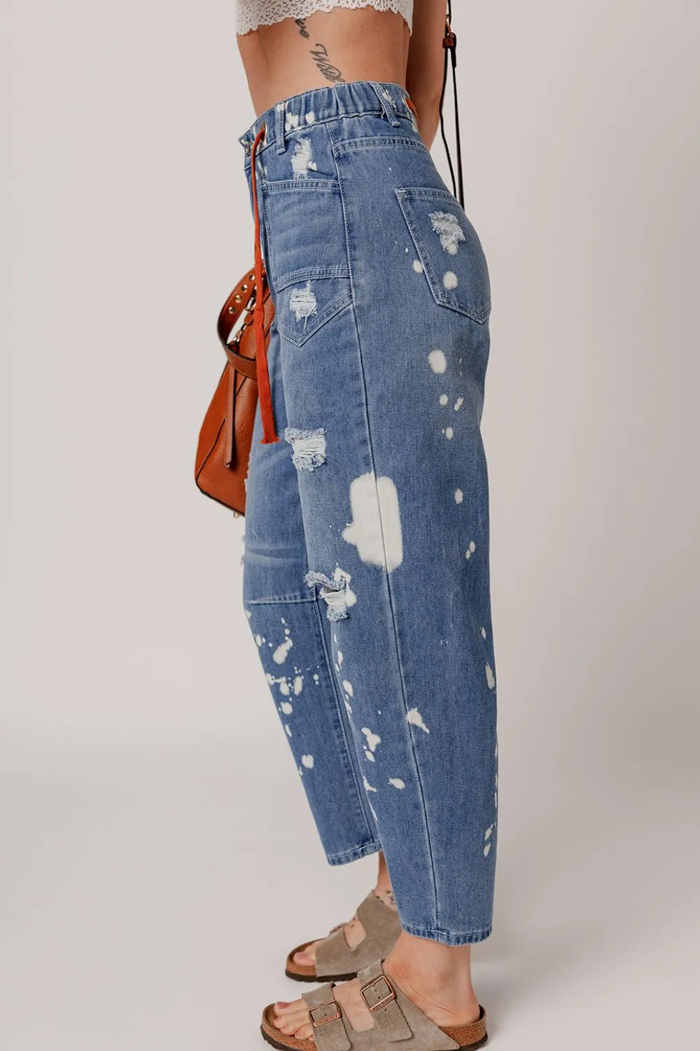 Distressed Splattering Paint Rope Waist Cropped Straight Jeans – Trendsi | ClozArt