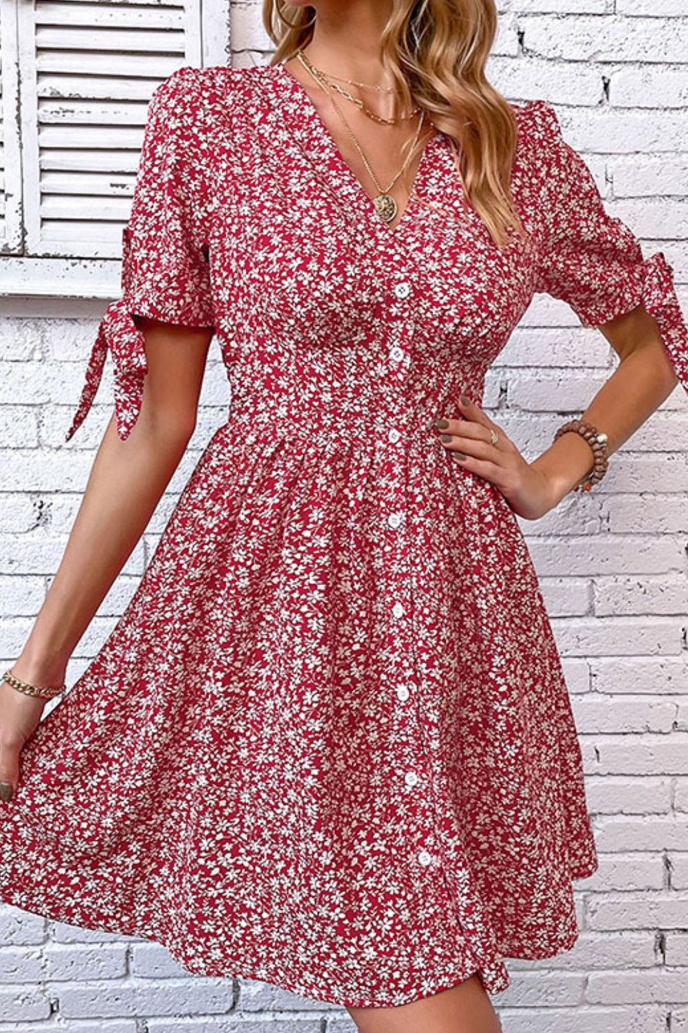 Perfee Ditsy Floral Tied Puff Sleeve Button Front Dress – Trendsi | ClozArt