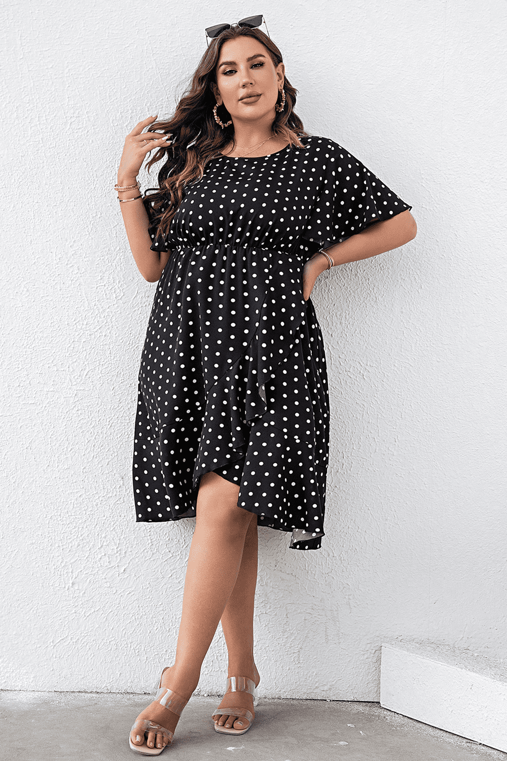 Plus Size Polka Dot Flutter Sleeve Dress – Trendsi | ClozArt
