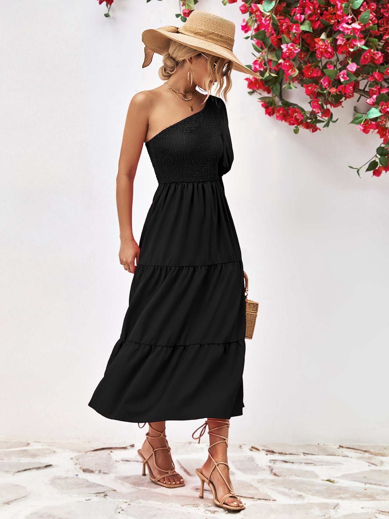 Smocked One-Shoulder Midi Dress – Trendsi | ClozArt