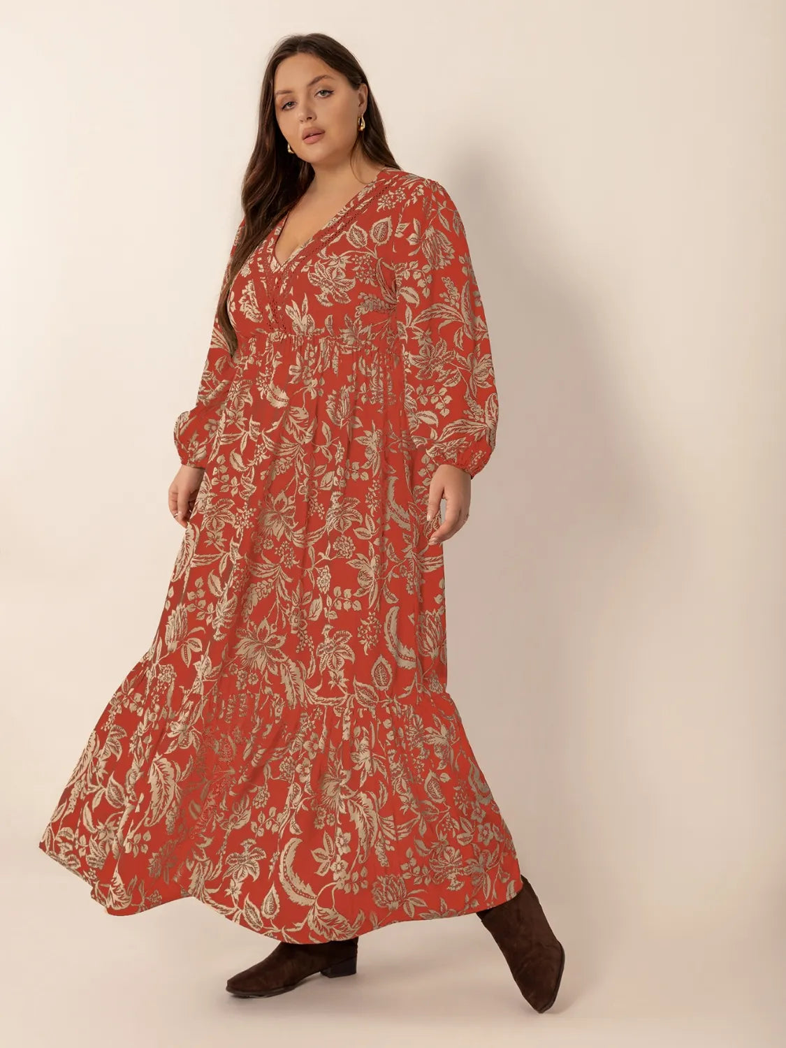 Plus Size Lace Detail Printed Balloon Sleeve Midi Dress – Trendsi | ClozArt