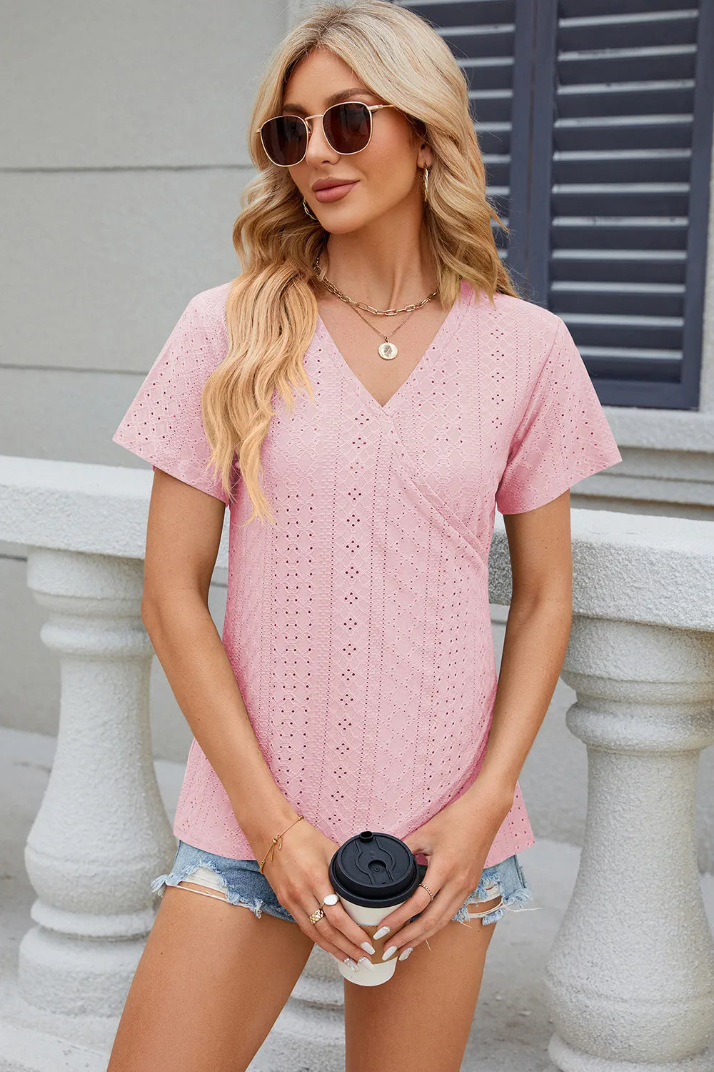 Eyelet Surplice Short Sleeve T-Shirt – Trendsi | ClozArt