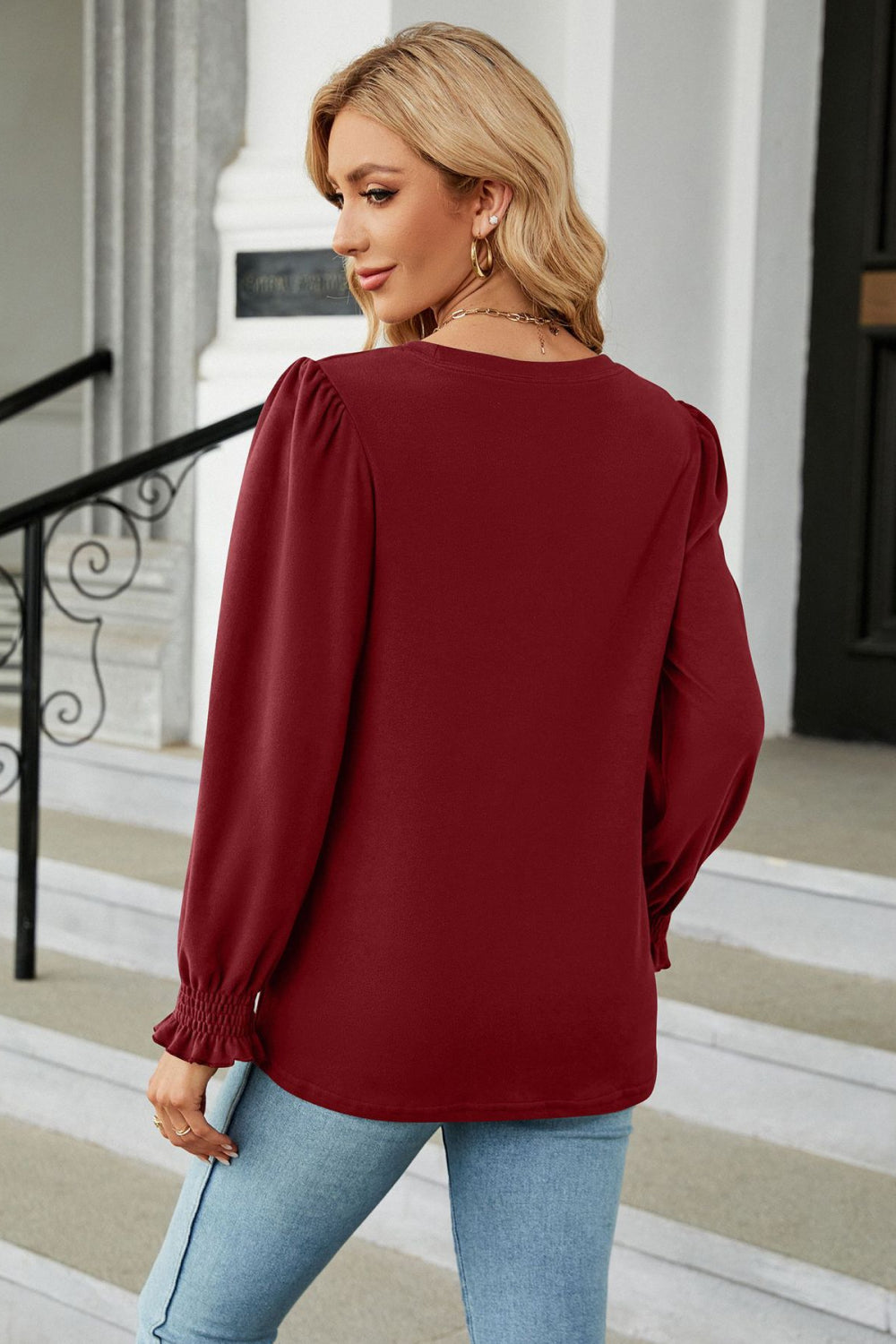 Round Neck Smocked Flounce Sleeve Blouse – Trendsi | ClozArt