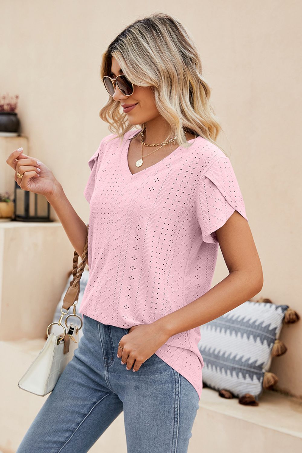 Eyelet Petal Sleeve V-Neck Knit Top – Trendsi | ClozArt