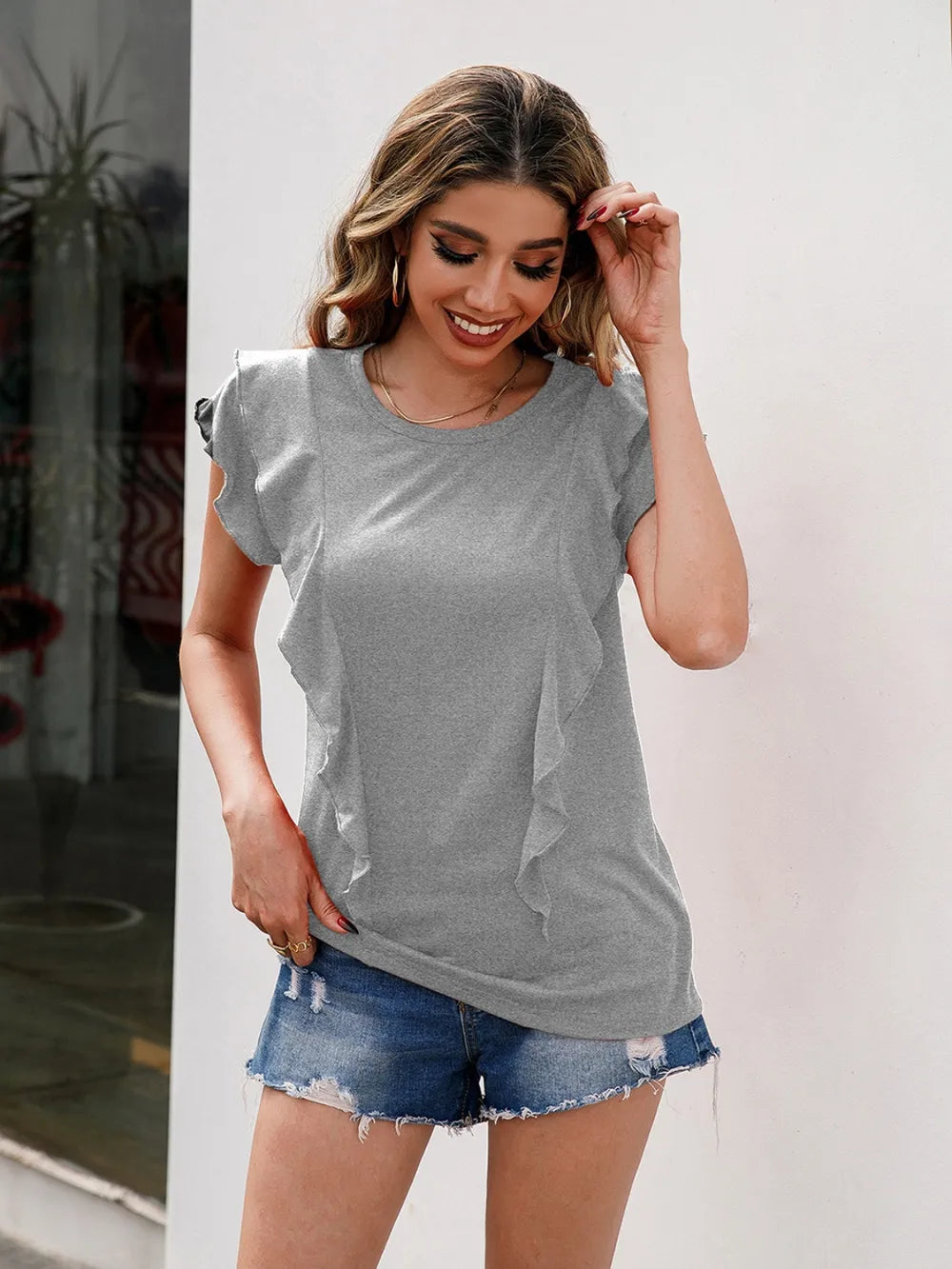Ivy Lane Ruffled Round Neck Cap Sleeve T-Shirt – Trendsi | ClozArt