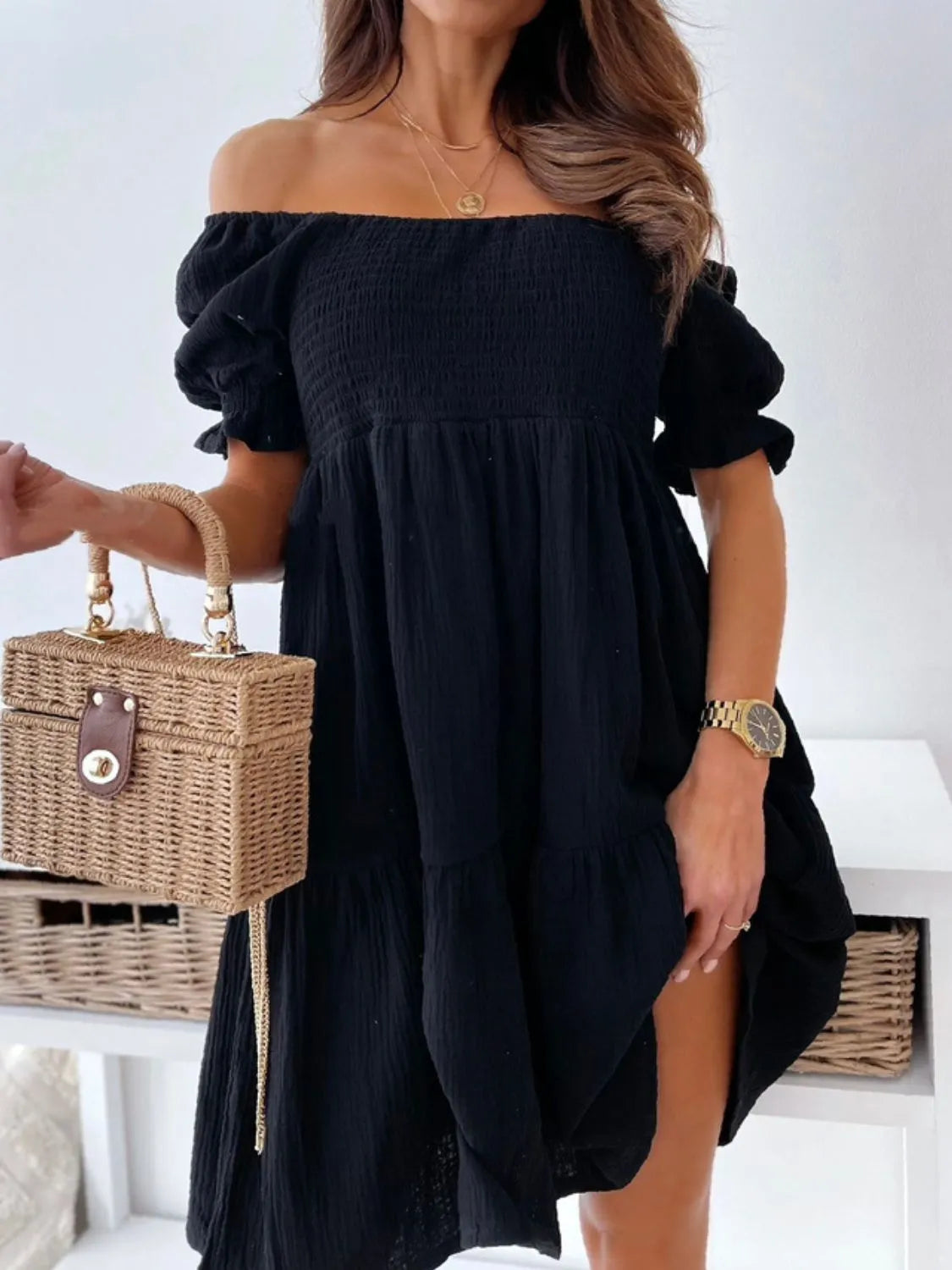 Smocked Off-Shoulder Mini Dress – Trendsi | ClozArt