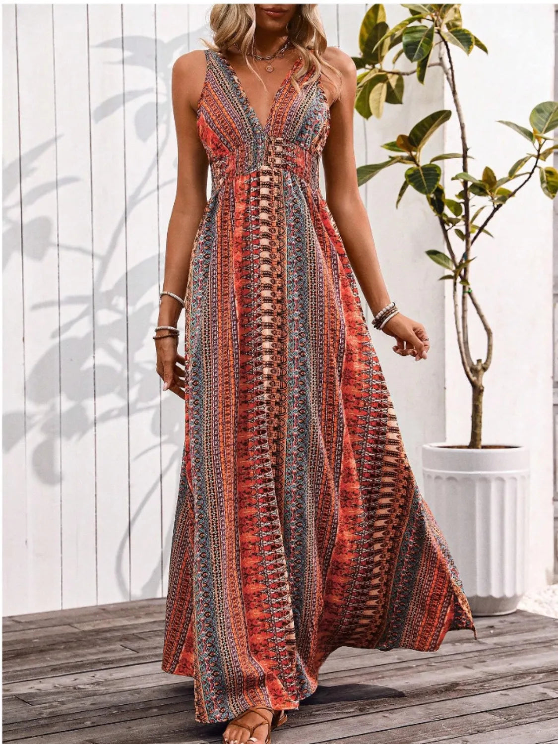 Tied Back Printed Sleeveless Maxi Slit Dress – Trendsi | ClozArt