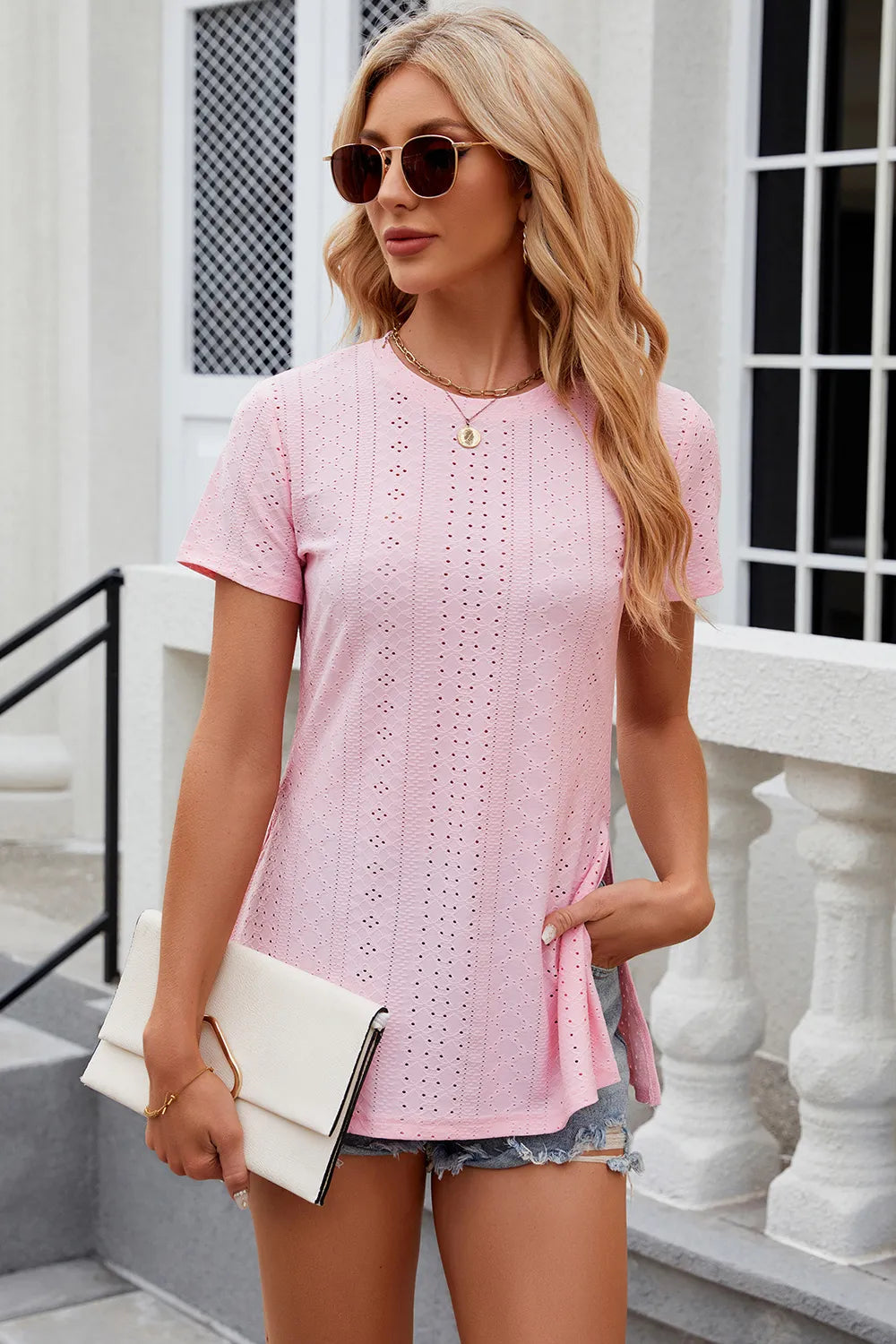 Eyelet Slit Round Neck Short Sleeve T-Shirt – Trendsi | ClozArt