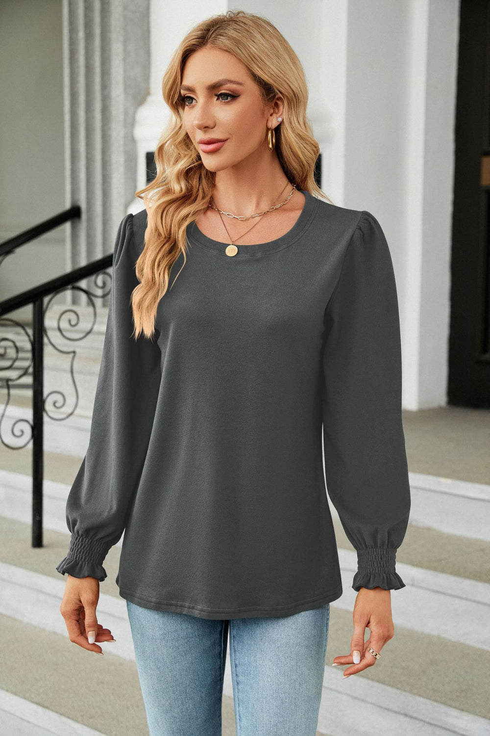 Round Neck Smocked Flounce Sleeve Blouse – Trendsi | ClozArt