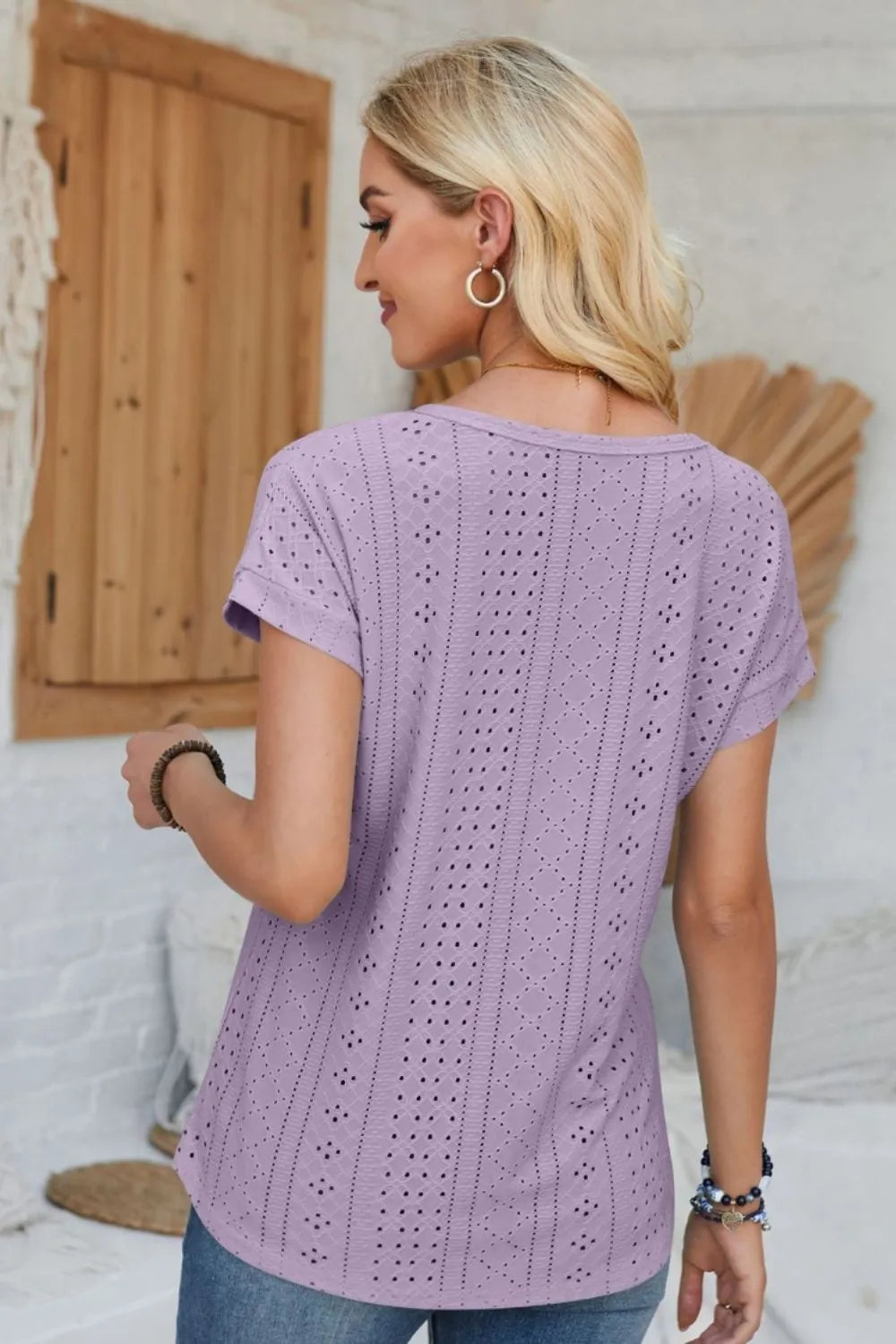 Eyelet Round Neck Rolled Short Sleeve T-Shirt – Trendsi | ClozArt