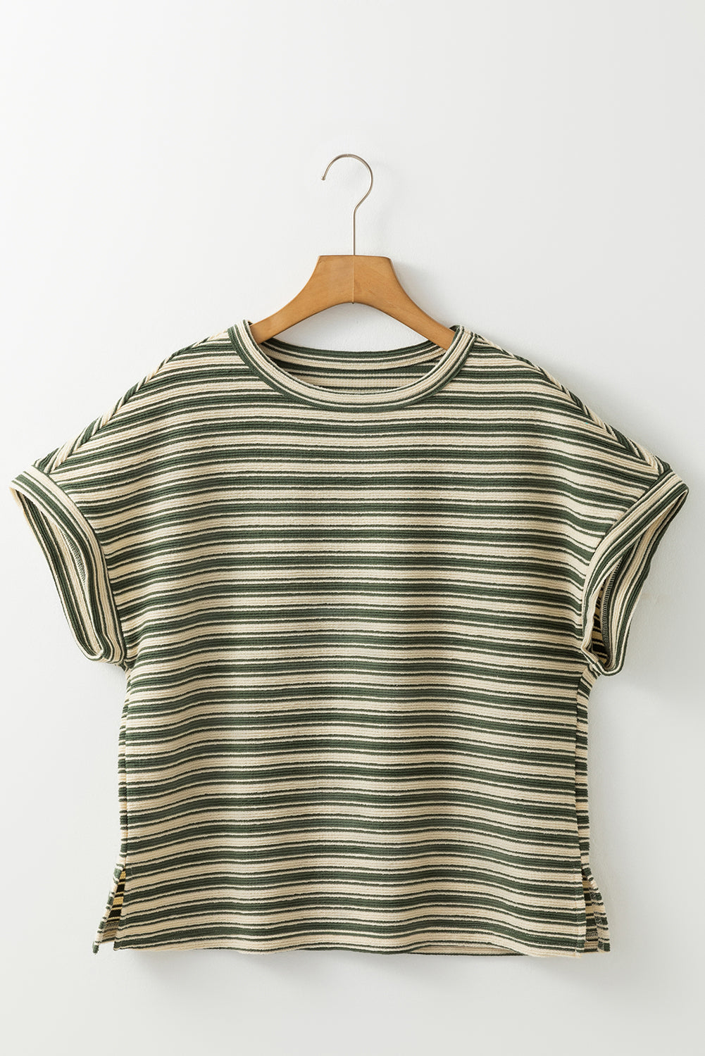 Green Stripe Textured Side Slit Crew Neck T Shirt – Shewin | ClozArt