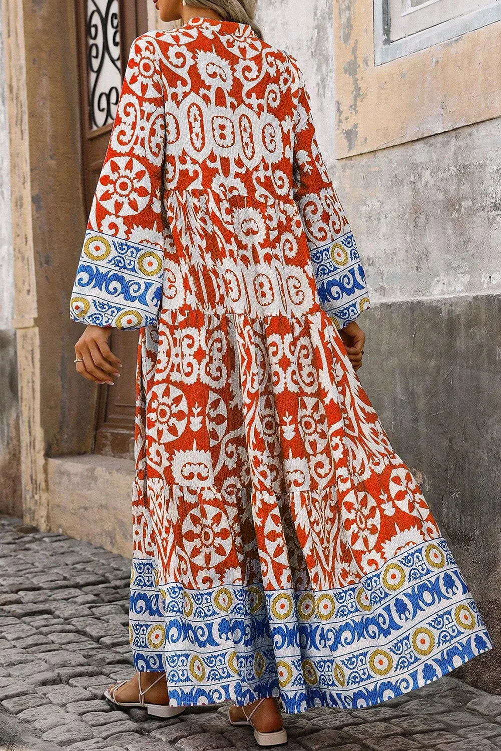 Printed Notched Long Sleeve Maxi Dress – Trendsi | ClozArt