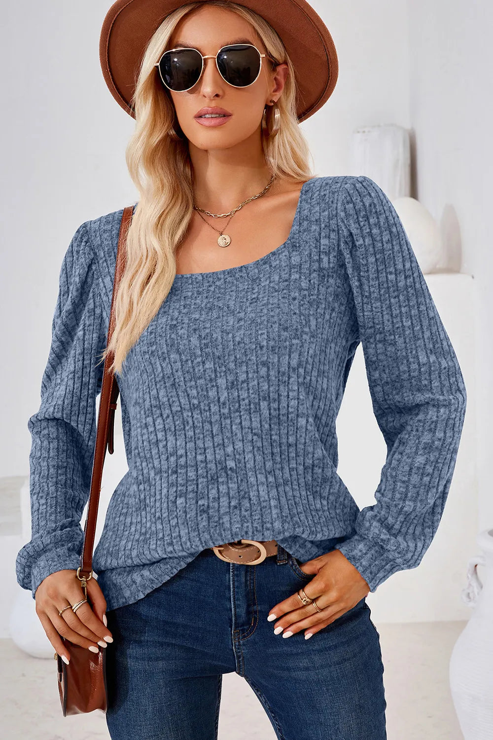 Ribbed Square Neck Long Sleeve T-Shirt – Trendsi | ClozArt