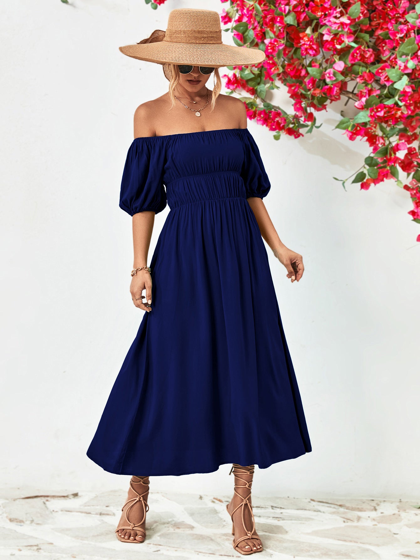 Off-Shoulder Balloon Sleeve Midi Dress – Trendsi | ClozArt