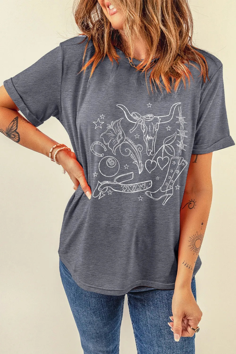 Cowgirl Boots OX Head Western Graphic Crewneck Tee – Trendsi | ClozArt