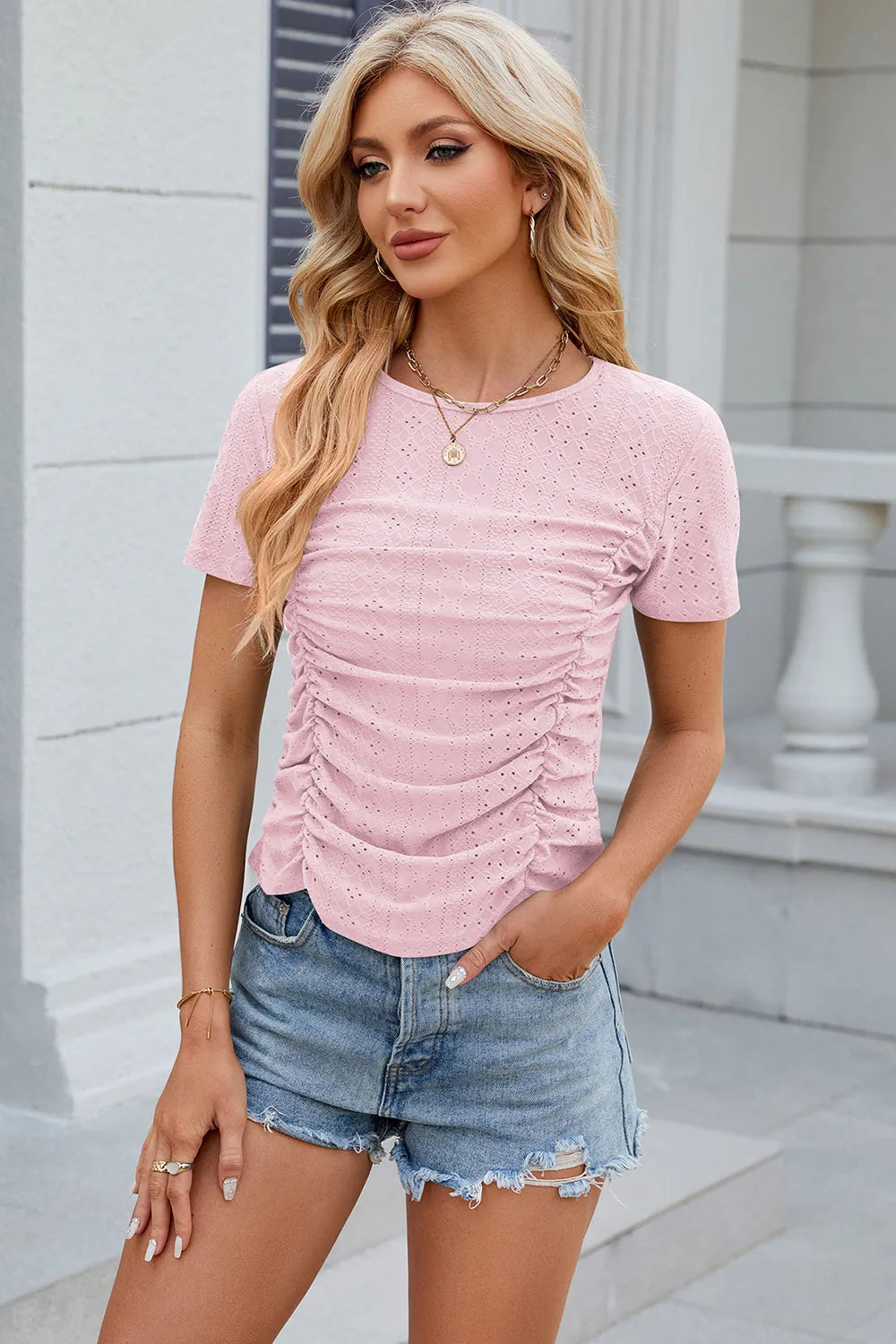 Eyelet Ruched Round Neck Short Sleeve T-Shirt – Trendsi | ClozArt