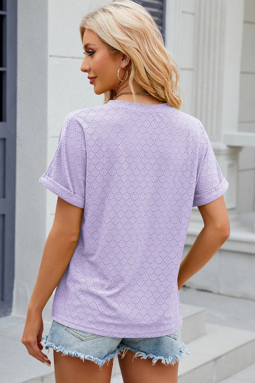 Eyelet Notched Short Sleeve T-Shirt – Trendsi | ClozArt