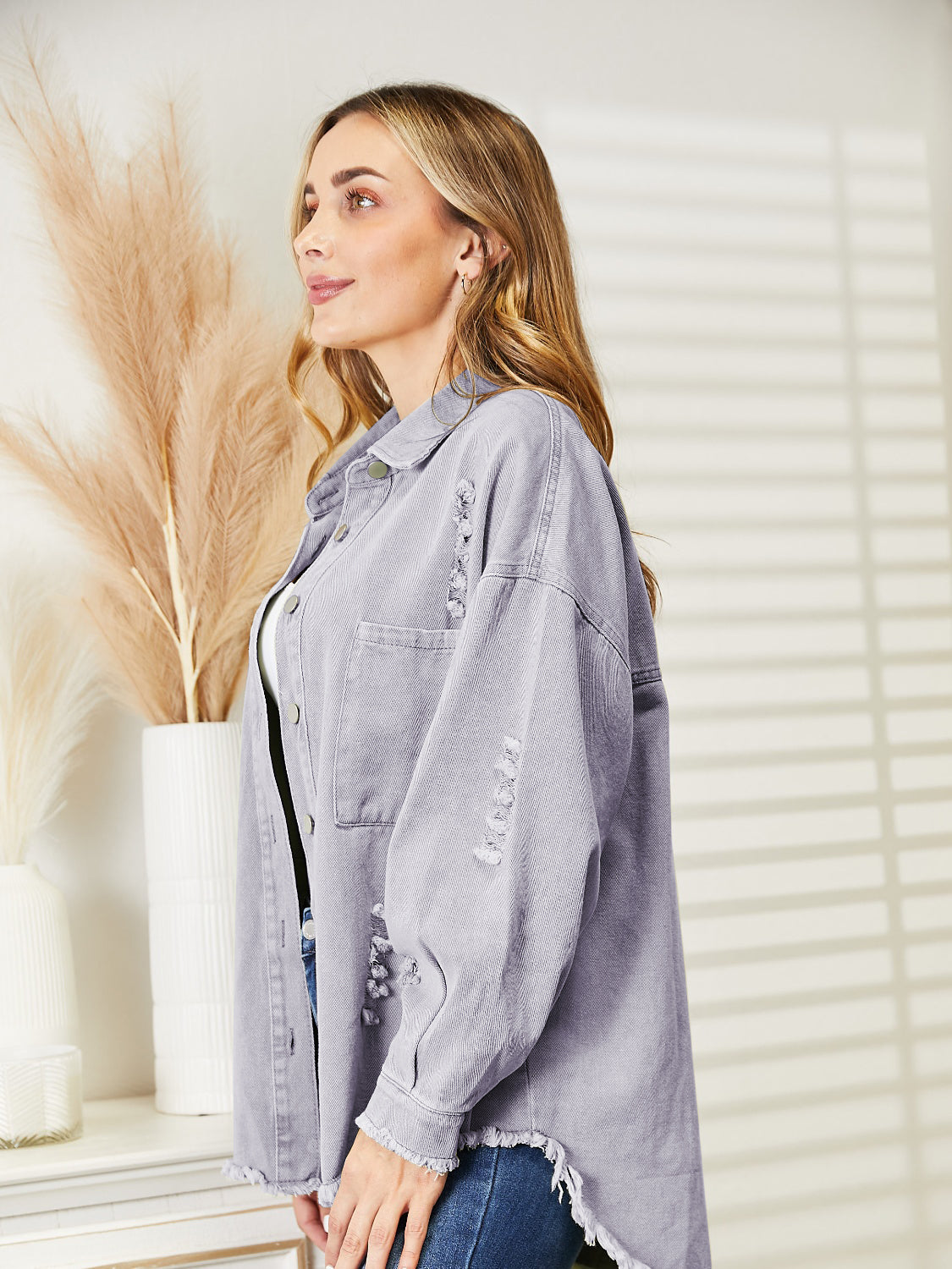 Distressed Raw Hem Denim Jacket – Trendsi | ClozArt
