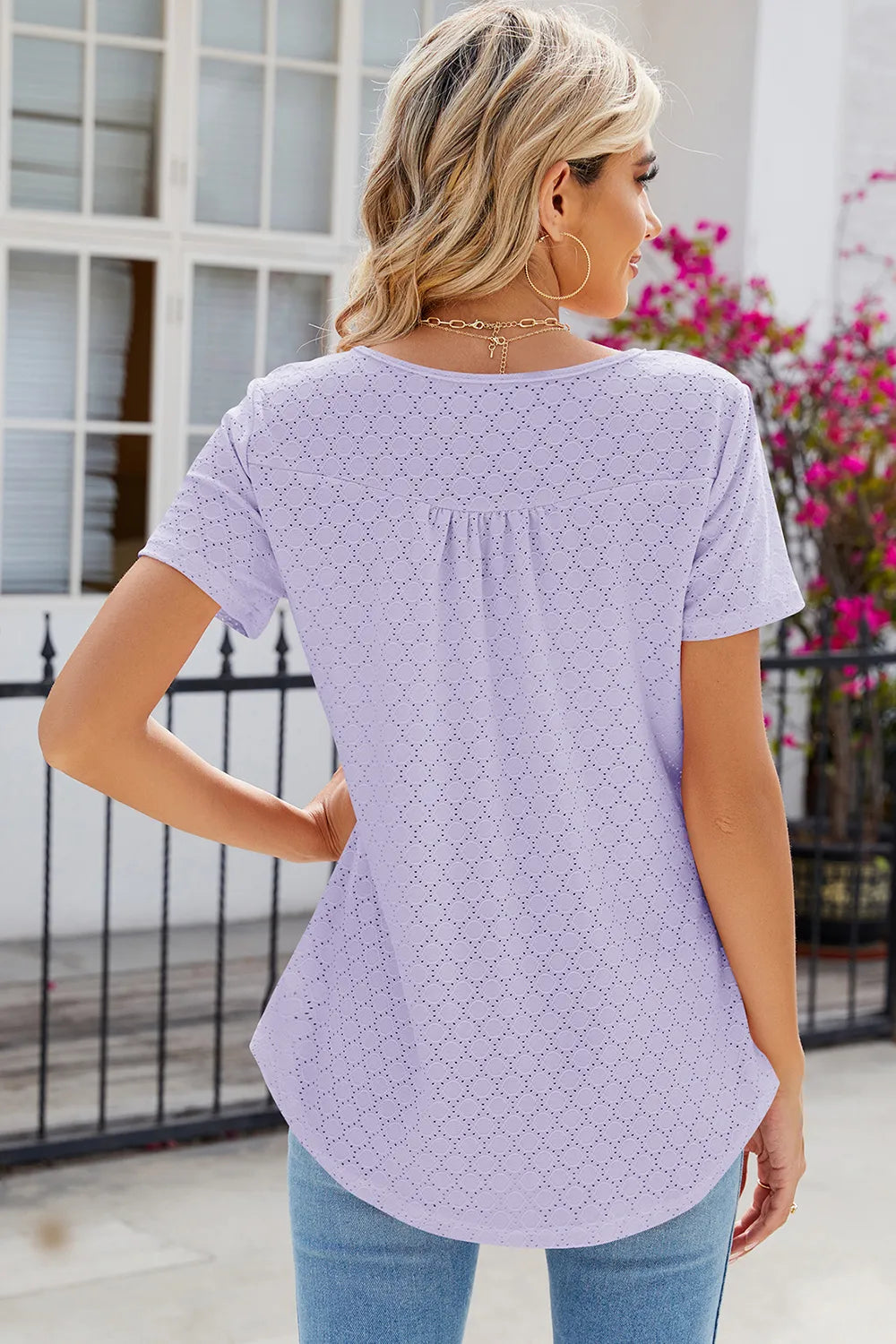Eyelet Quarter Button Short Sleeve T-Shirt – Trendsi | ClozArt