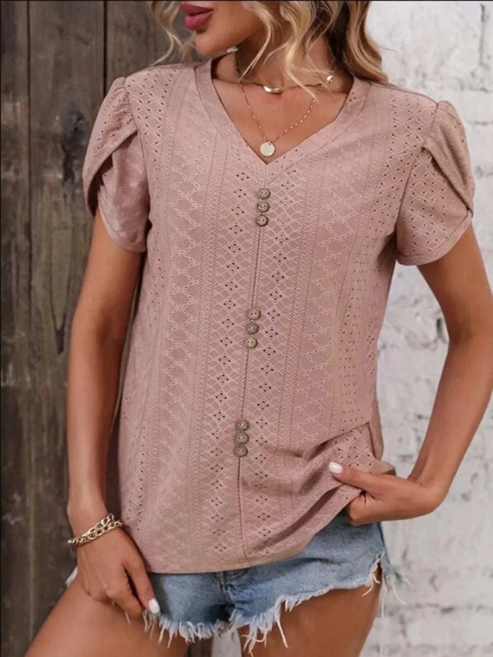 Eyelet V-Neck Petal Sleeve T-Shirt – Trendsi | ClozArt