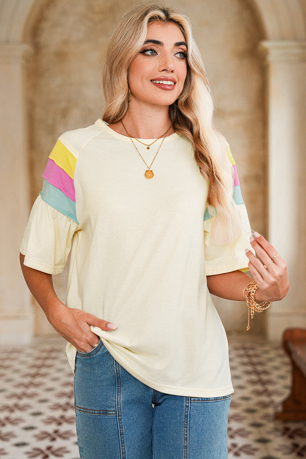 White Colorblock Short Sleeve Round Neck T-Shirt – Shewin | ClozArt