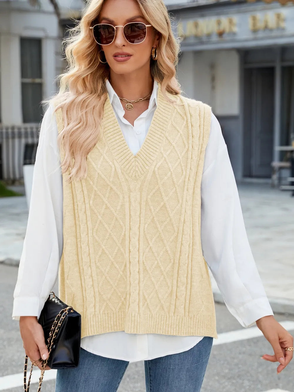 Cable Knit V-Neck Sweater Vest – Trendsi | ClozArt