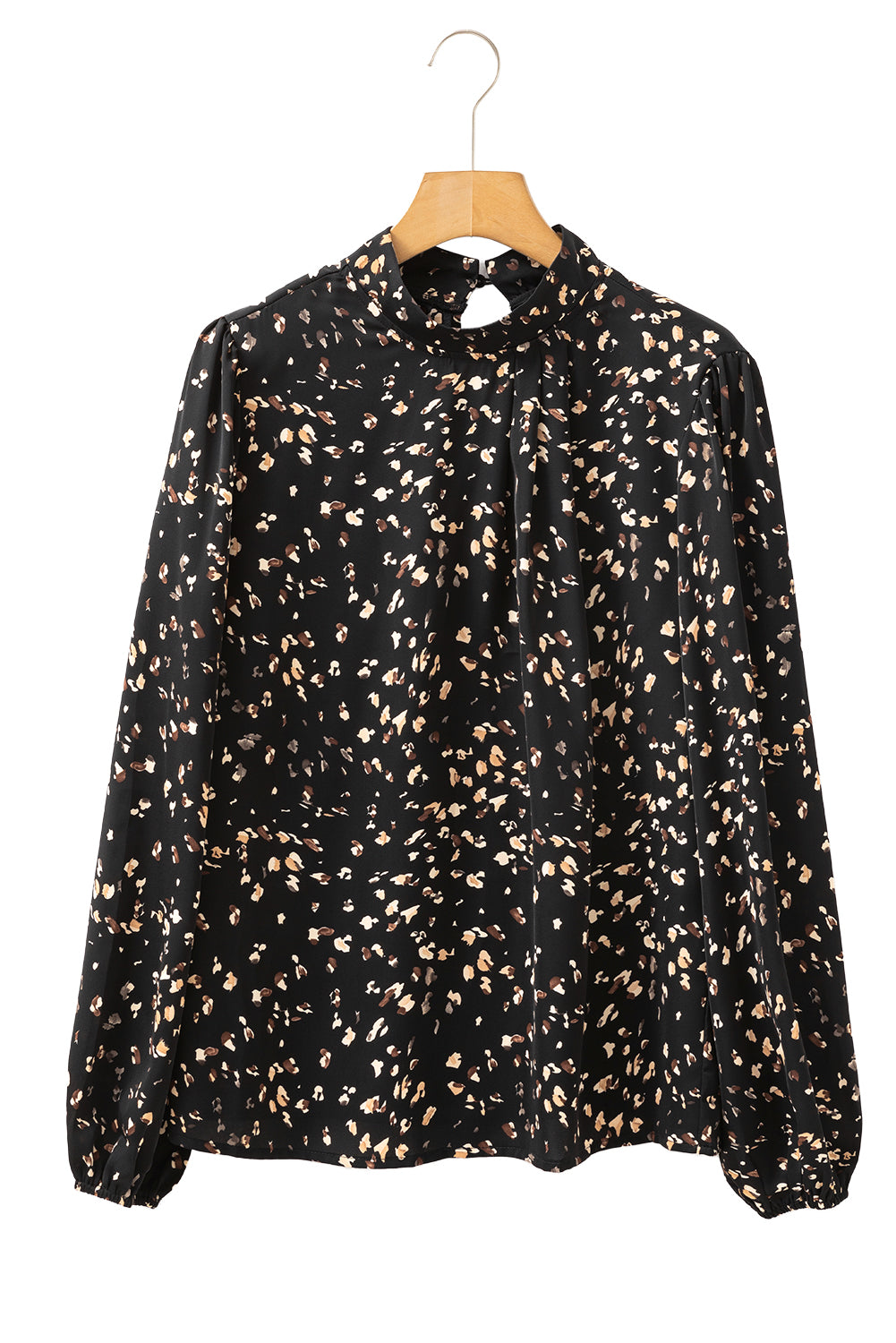 Black Leopard Print Puff Sleeve Mock Neck Pleated Blouse – Shewin | ClozArt
