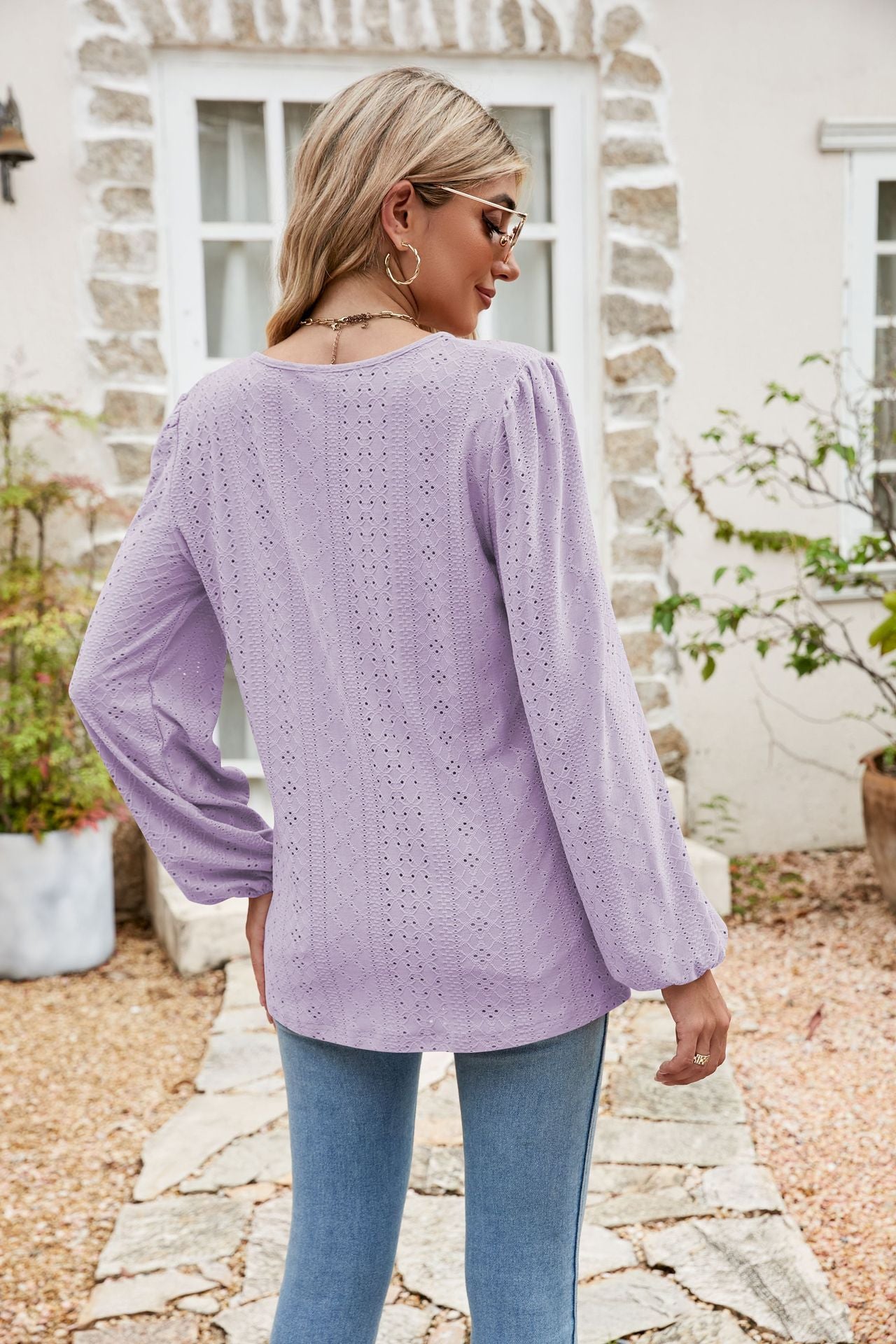 Eyelet Notched Neck Balloon Sleeve Blouse – Trendsi | ClozArt