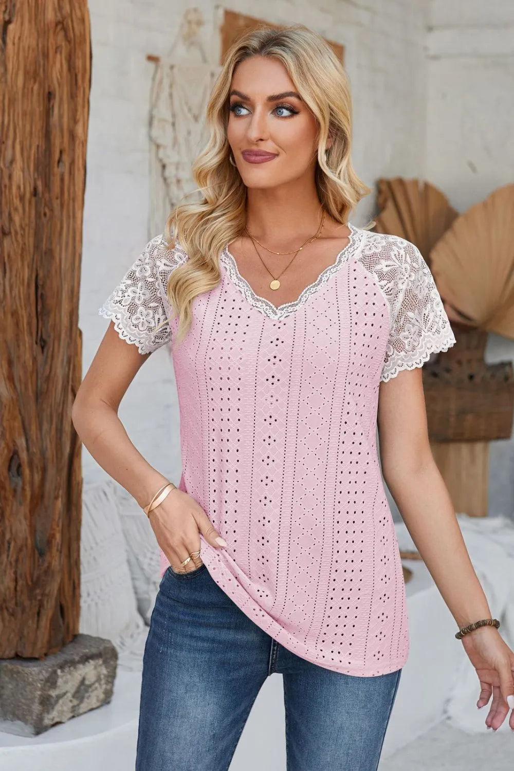 Eyelet V-Neck Lace Short Sleeve T-Shirt – Trendsi | ClozArt