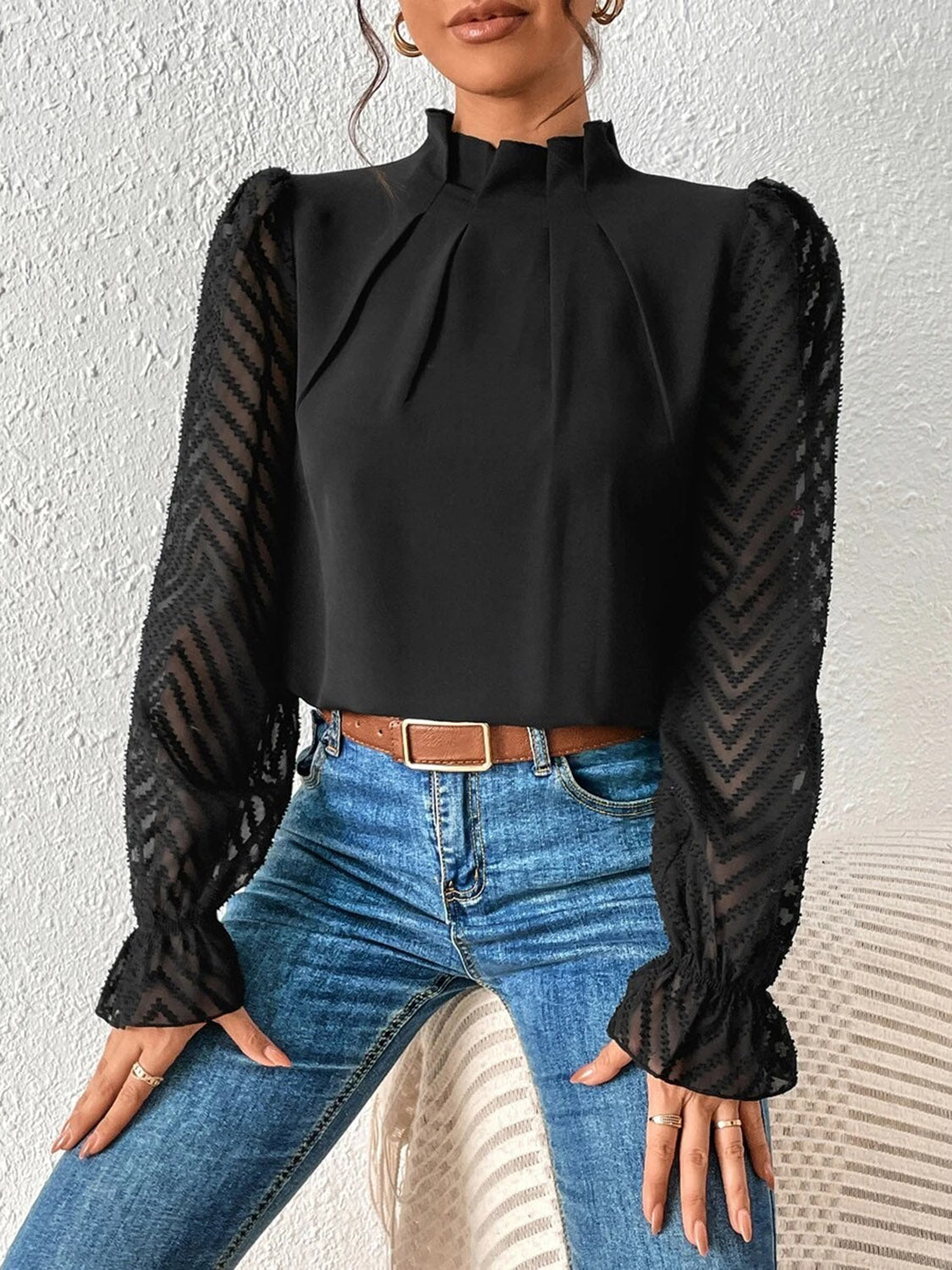 Mock Neck Flounce Sleeve Blouse – Trendsi | ClozArt