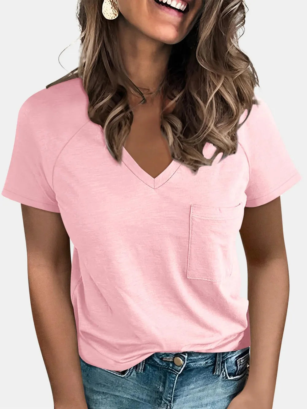 Pocketed V-Neck Short Sleeve T-Shirt – Trendsi | ClozArt